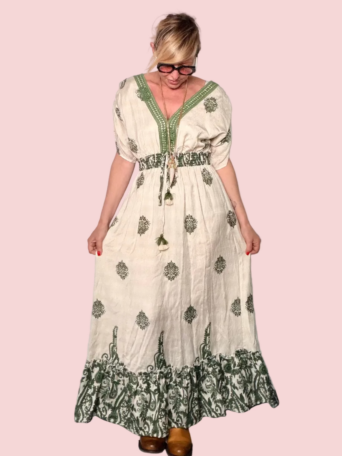 Maxi Dress Boho Block Print – Corallo / Verde