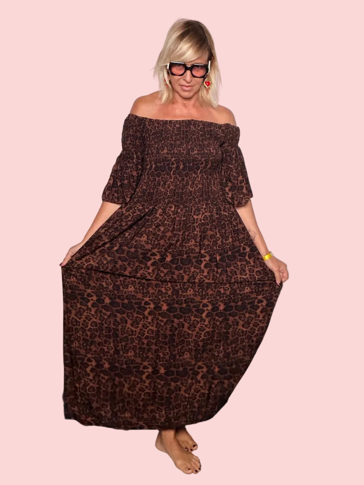 Abito Maxi Leopardato Off-Shoulder Smock