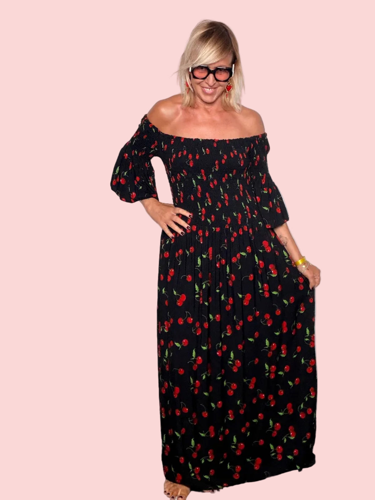 Abito Maxi Ciliegie Off-Shoulder nero - vista frontale