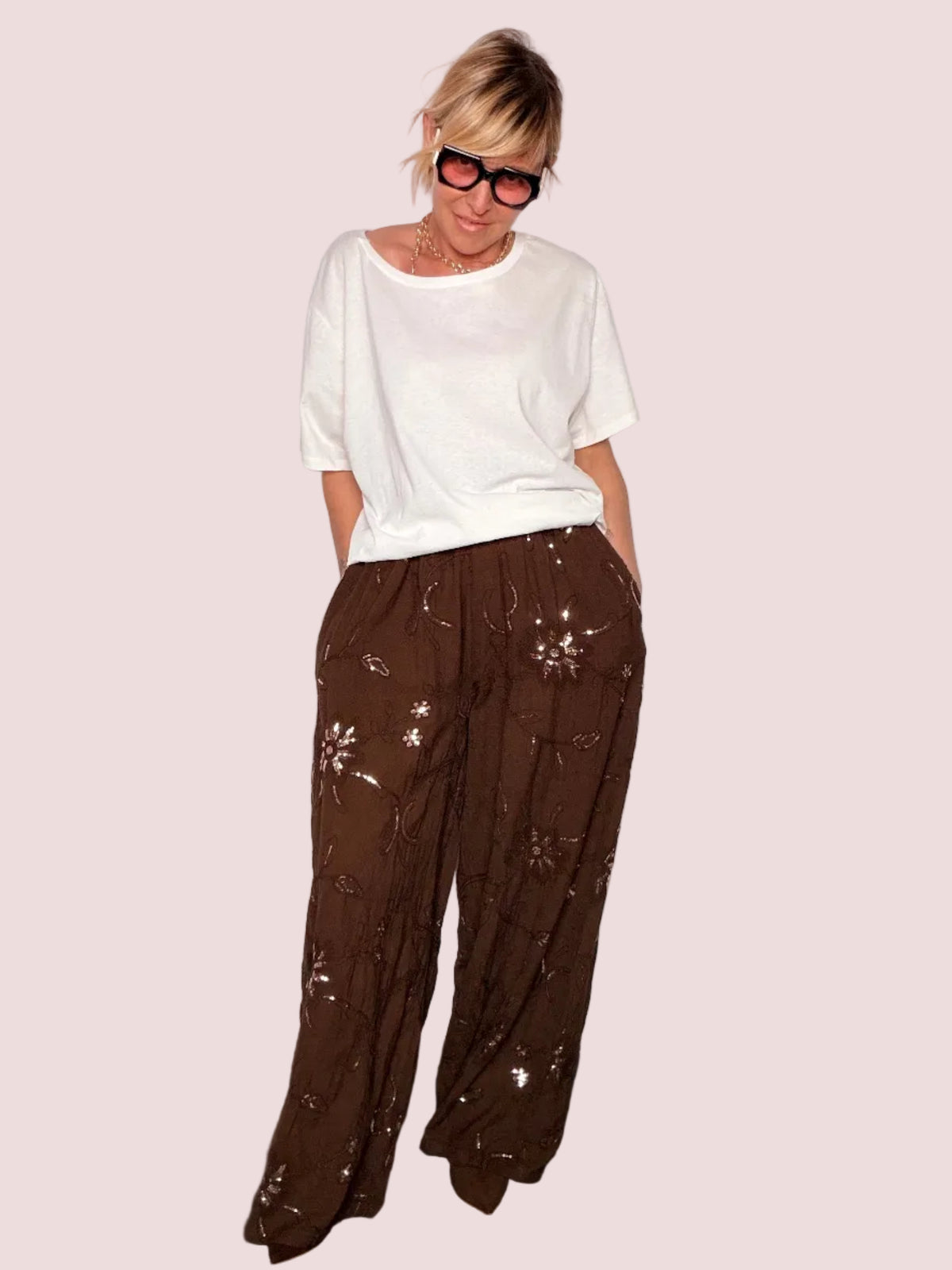 Pantalone Palazzo con Ricami Floreali e Paillettes
