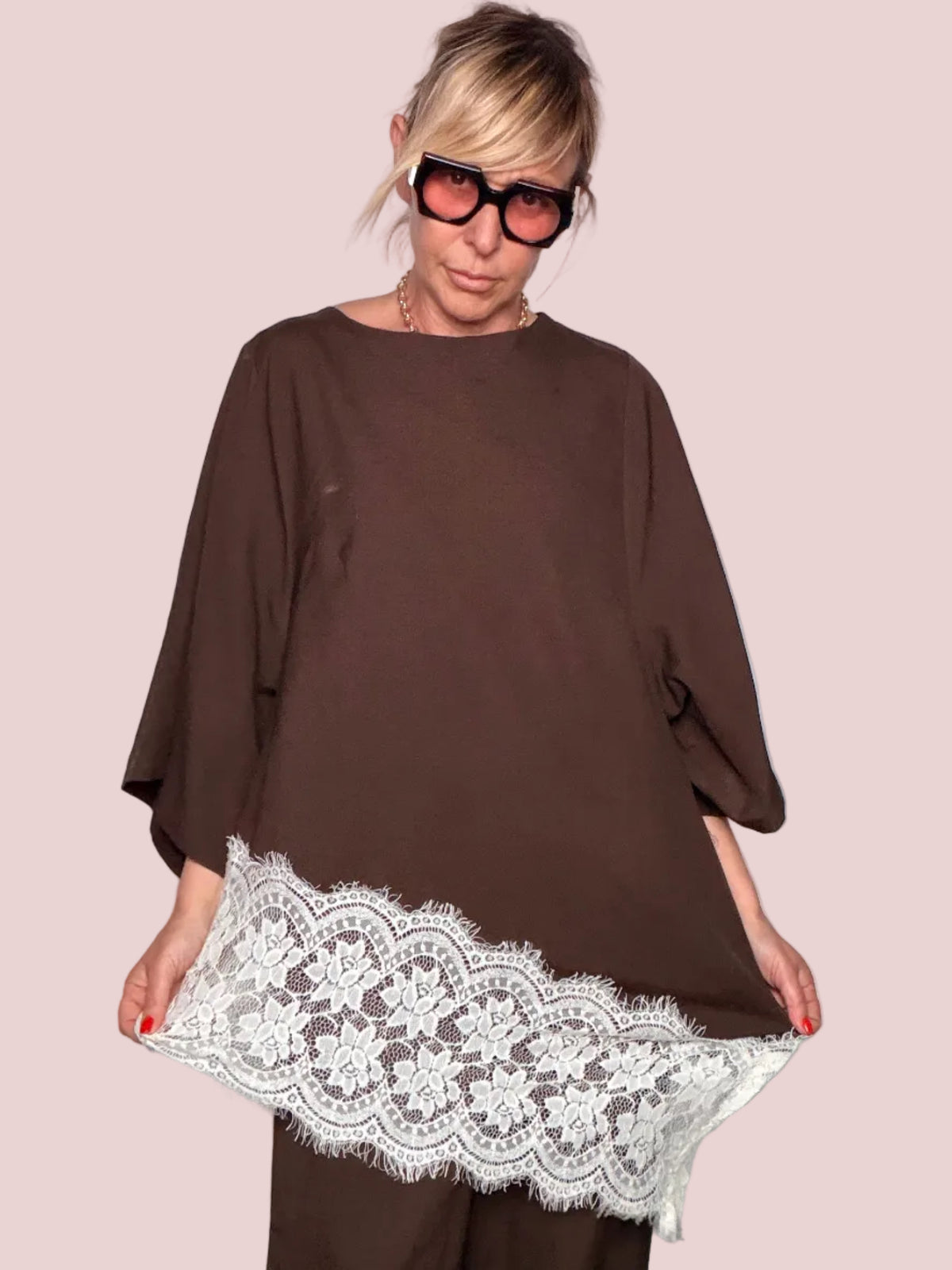 Blusa Maxi Cacao con Bordura in Pizzo Avorio