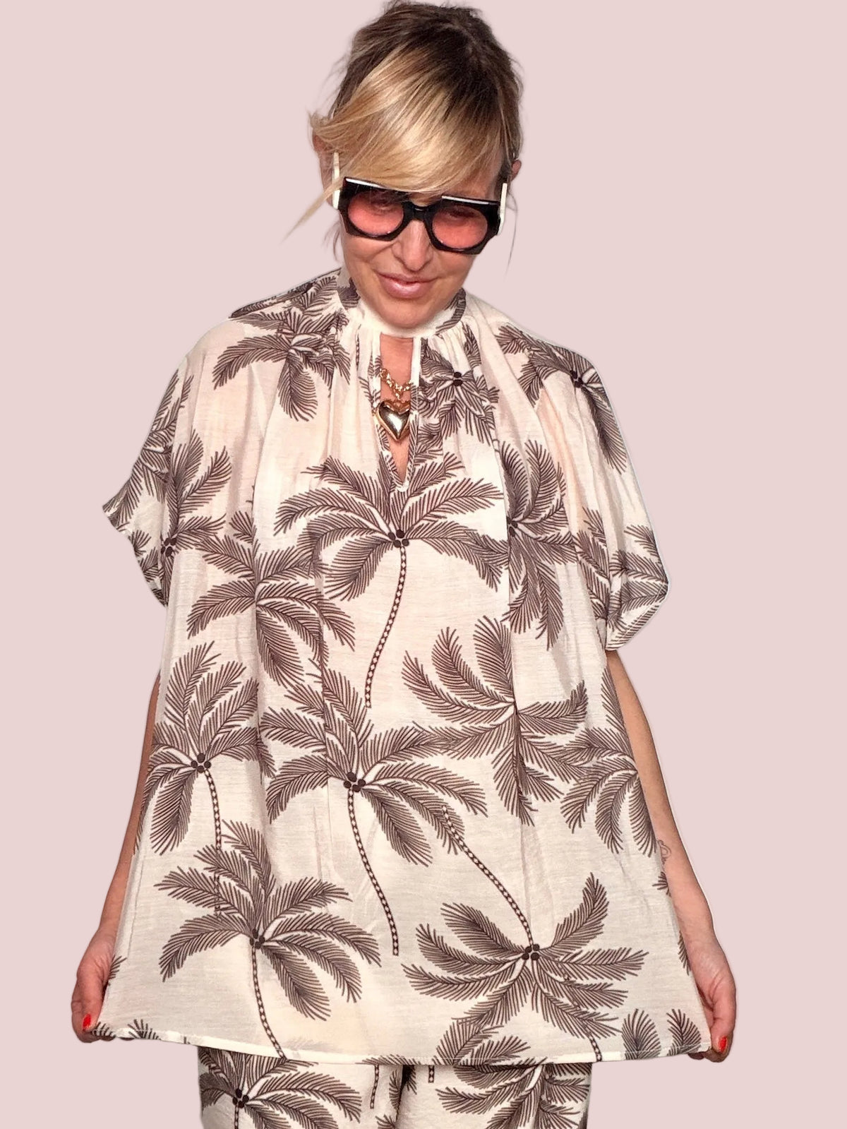 Camicia Oversize Stampa Palme Avorio