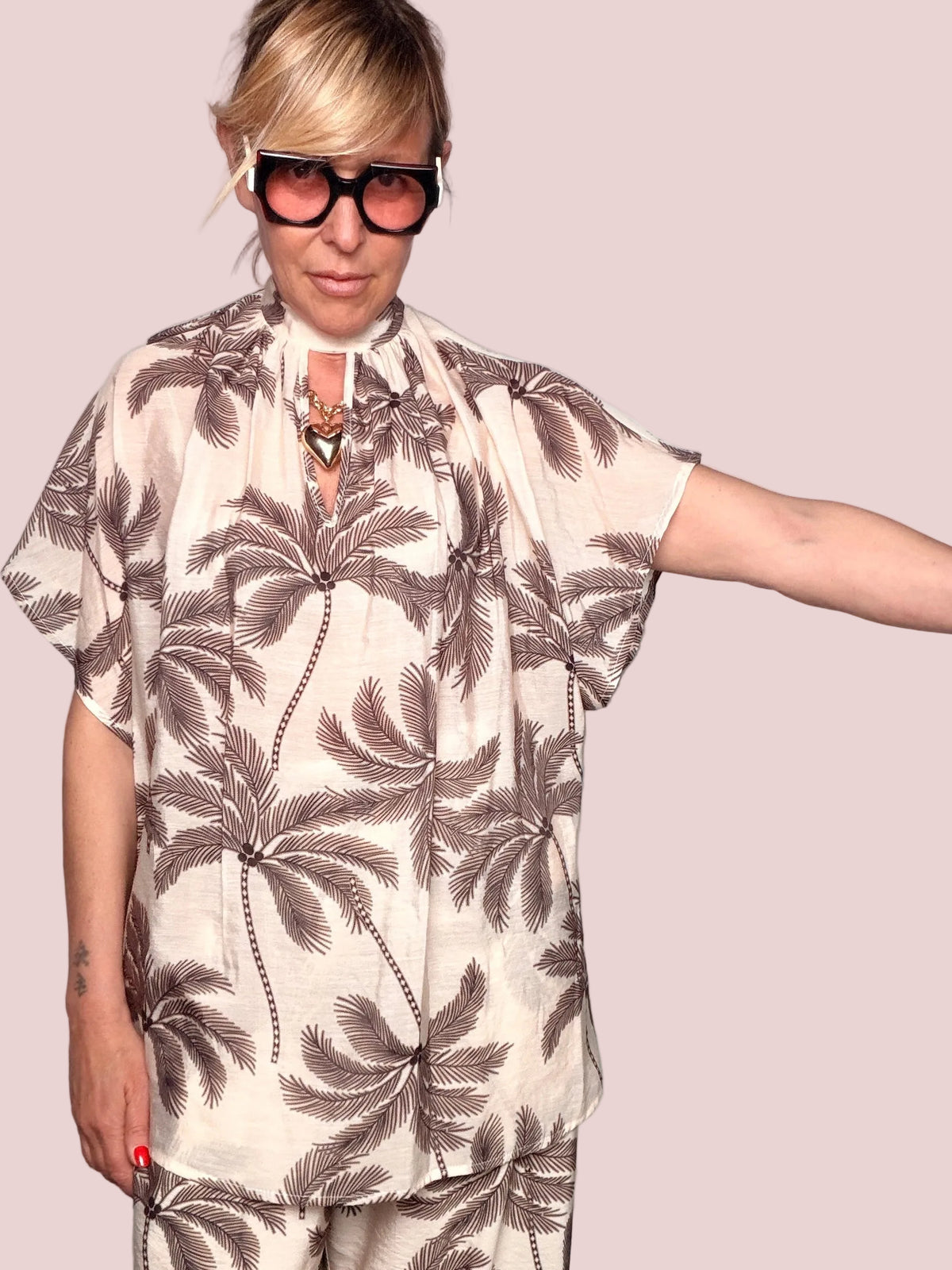 Camicia Oversize Stampa Palme Avorio