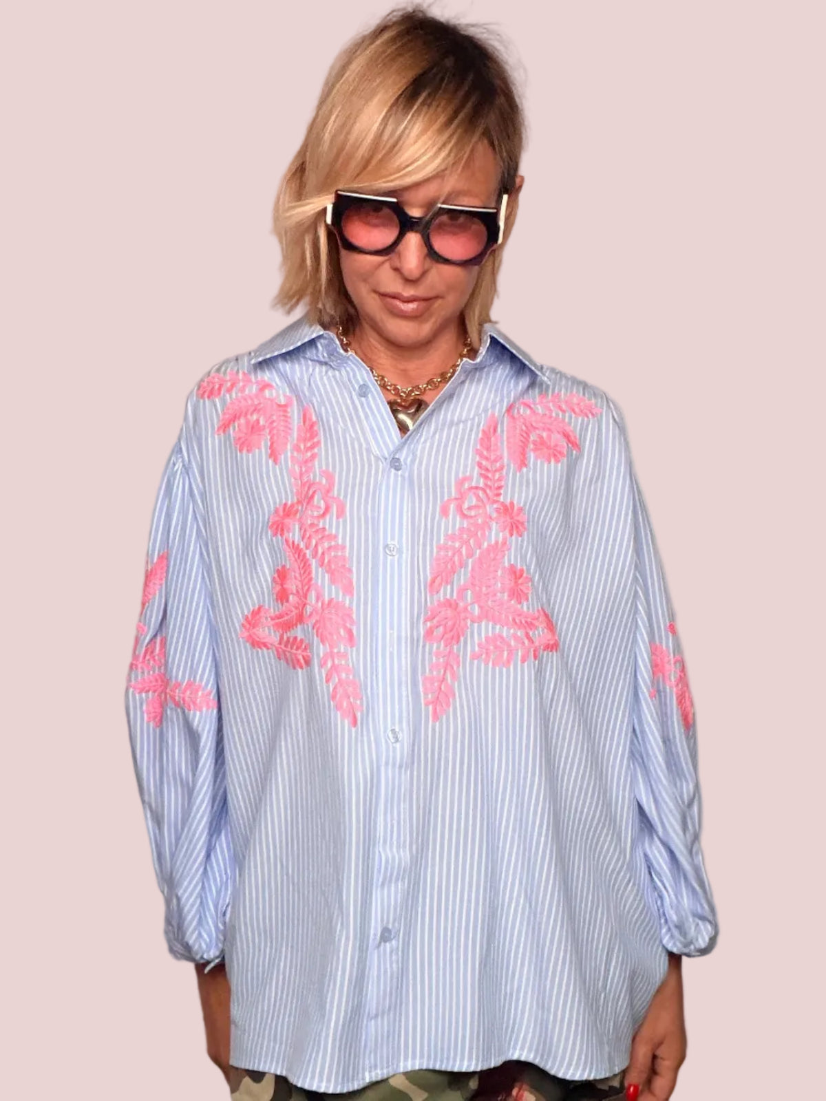 Camicia Oversize a Righe con Ricamo