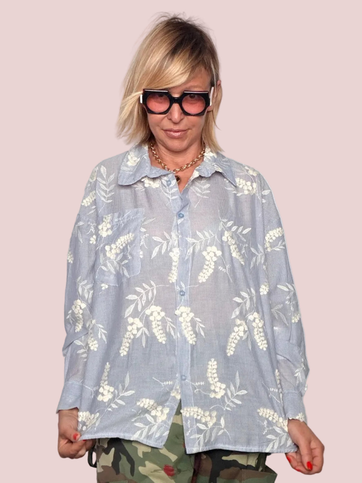 Camicia Oversize Floreale Azzurra