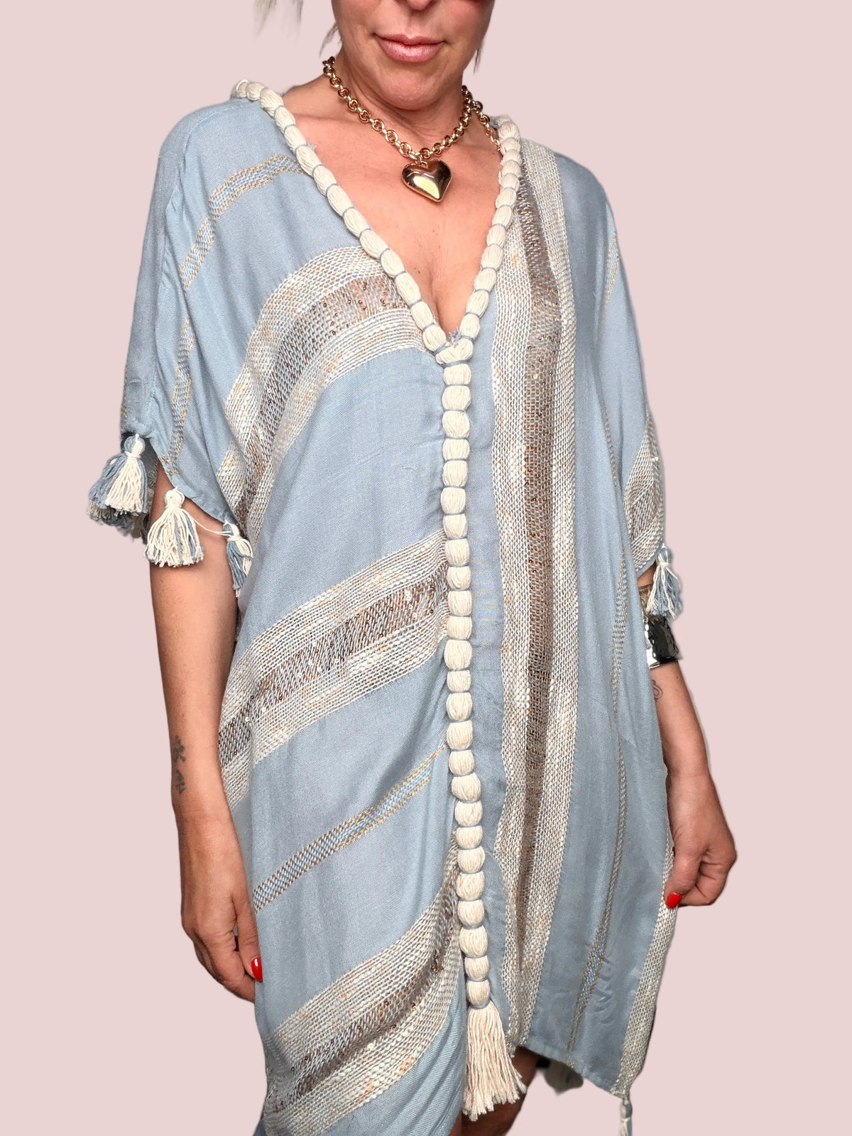Kaftan Corto Azzurro Bande Dorate & Frange