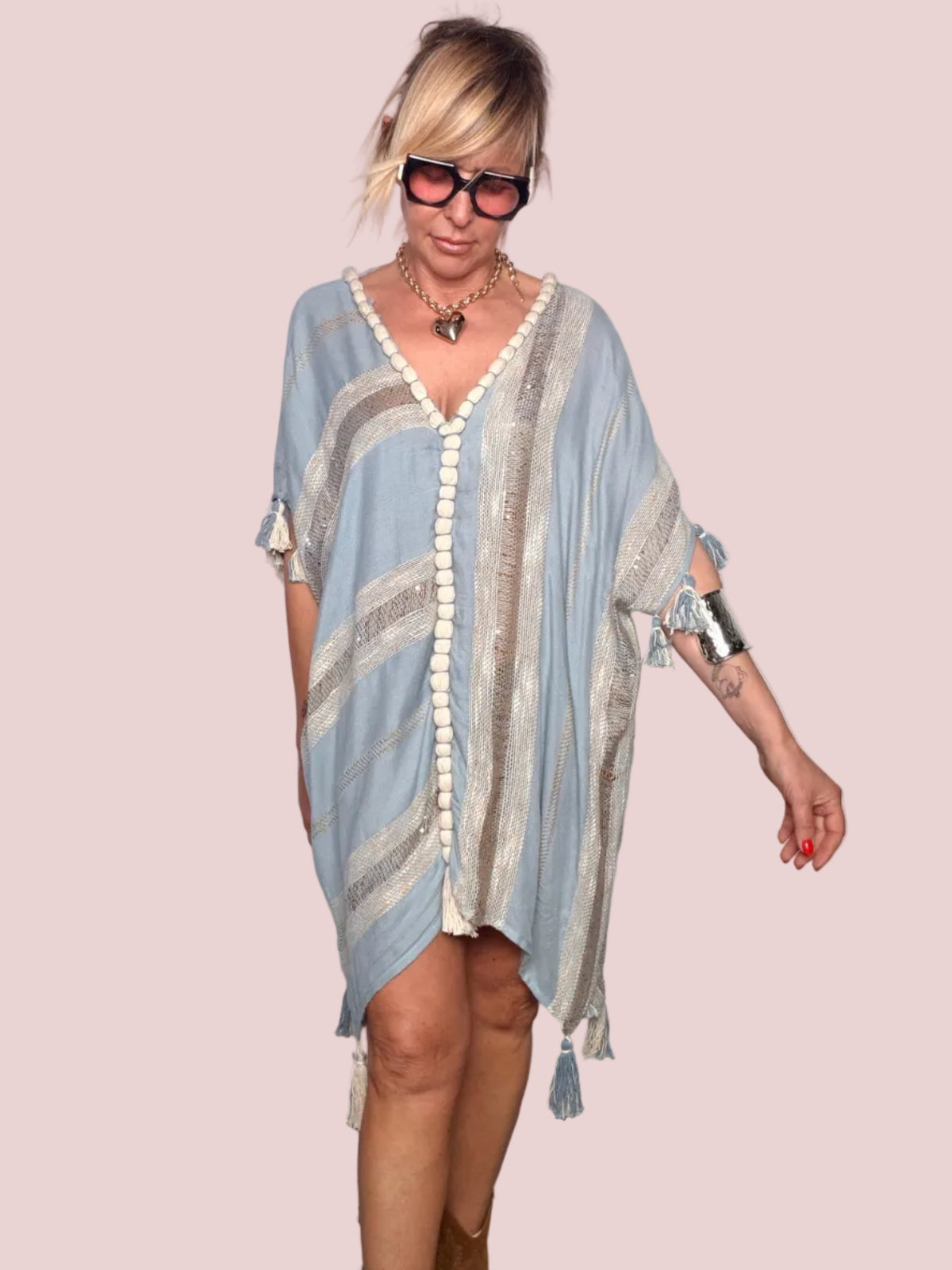 Kaftan Corto Azzurro Bande Dorate & Frange