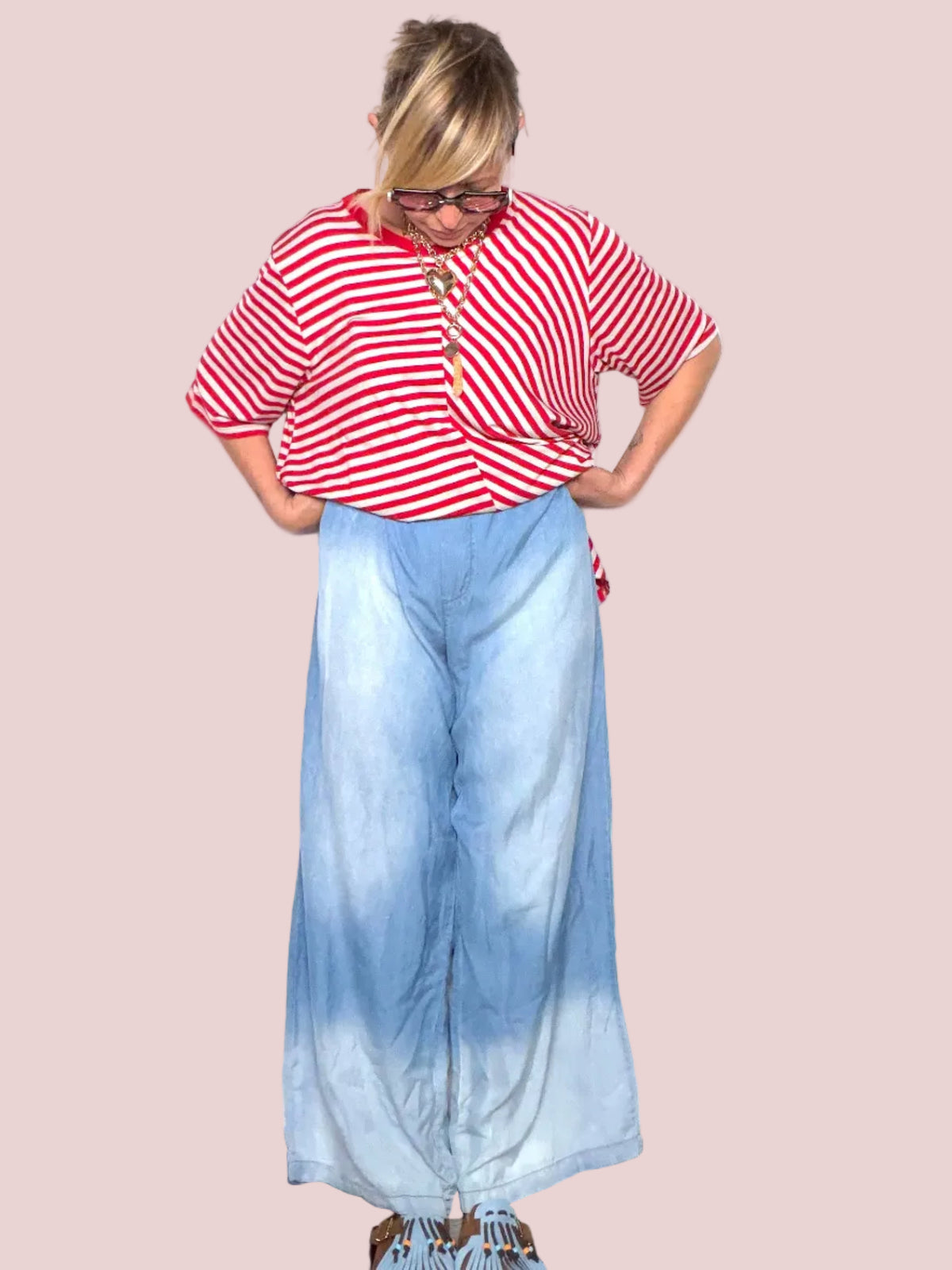 Pantalone Wide Leg Tencel Degradé Celeste