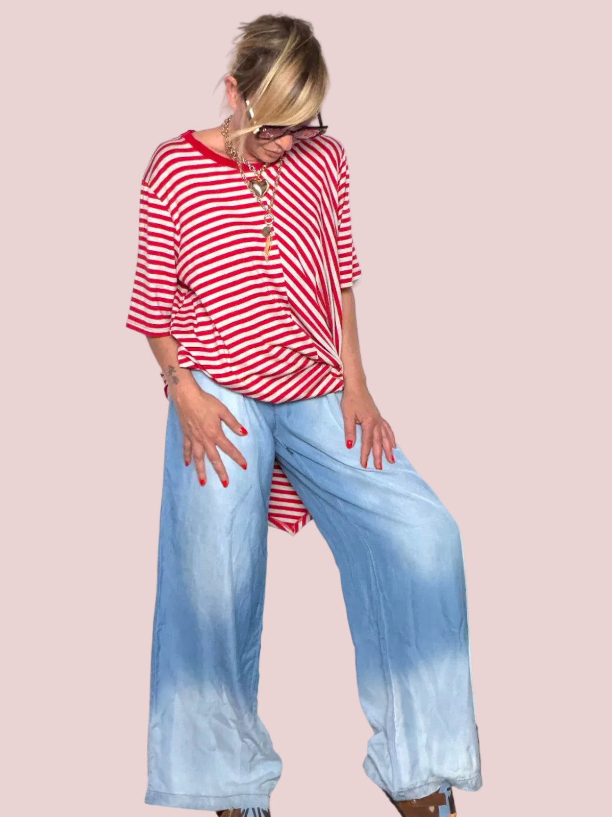 Pantalone Wide Leg Tencel Degradé Celeste