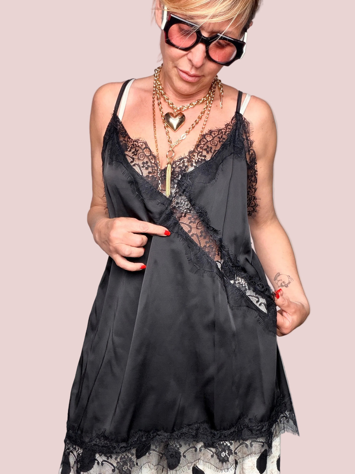 Canotta Raso con Pizzo – Celeste & Nero