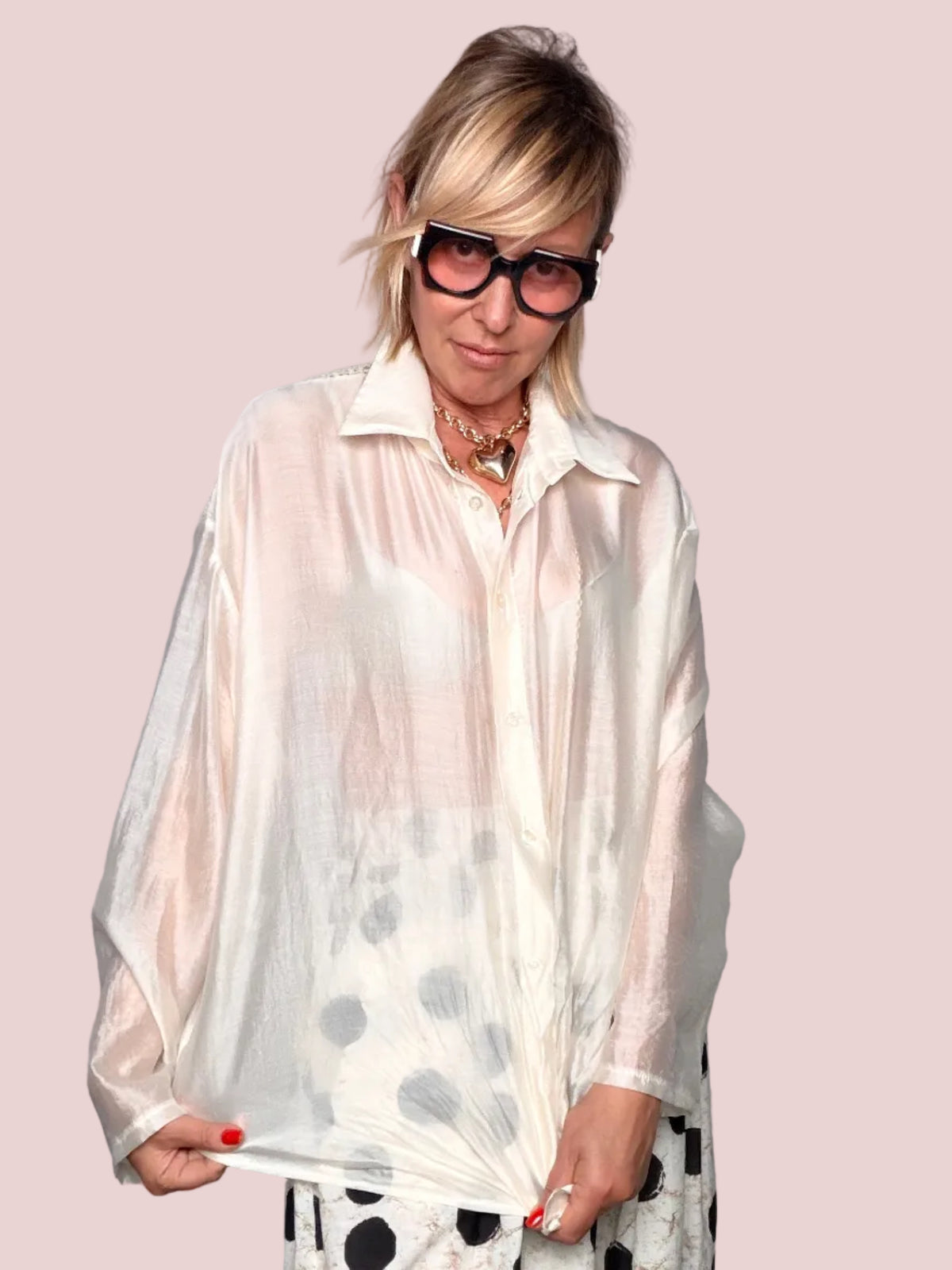 Camicia Oversize Organza Avorio con Pizzo Macramé