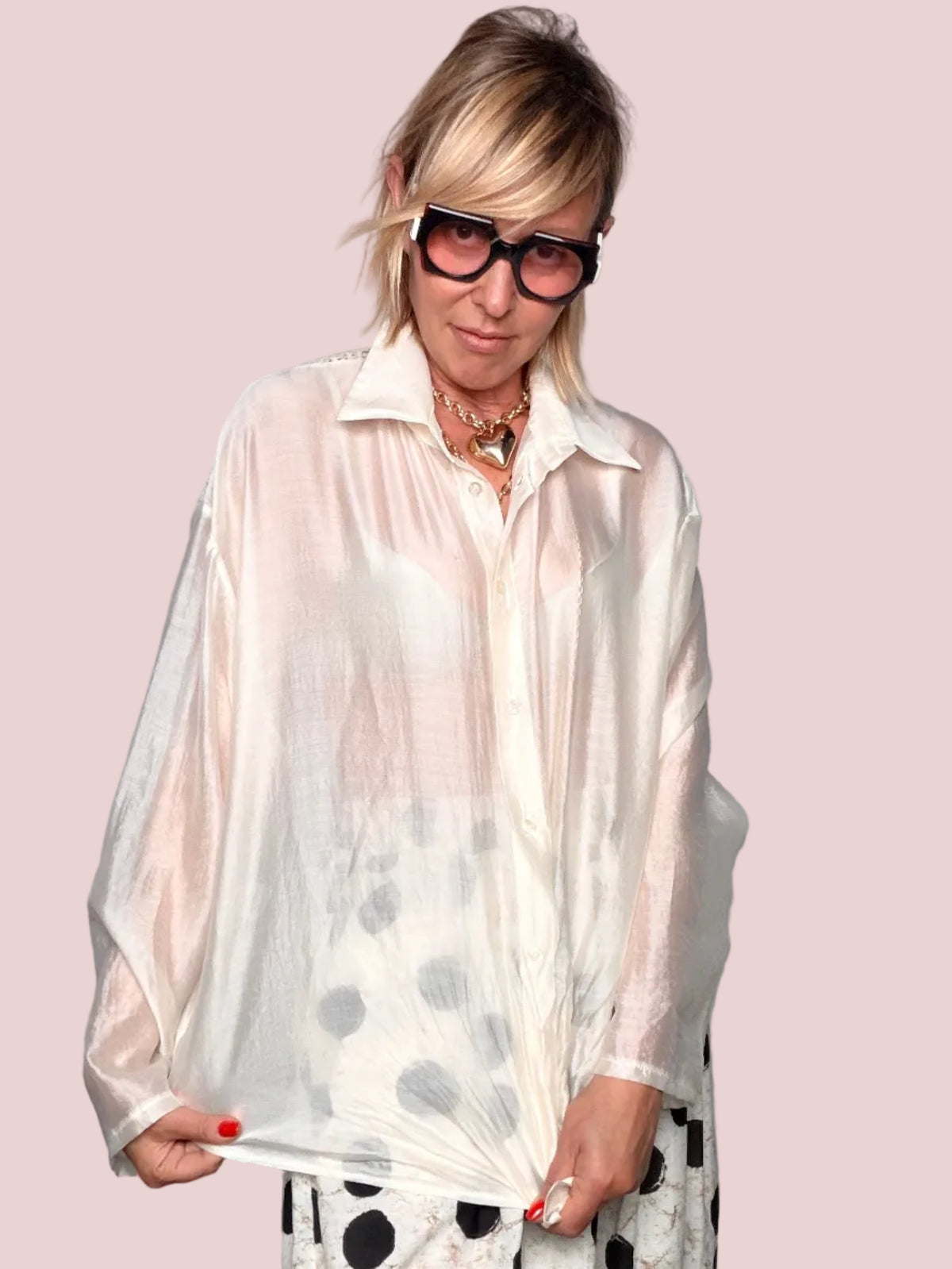 Camicia Oversize Organza Avorio con Pizzo Macramé