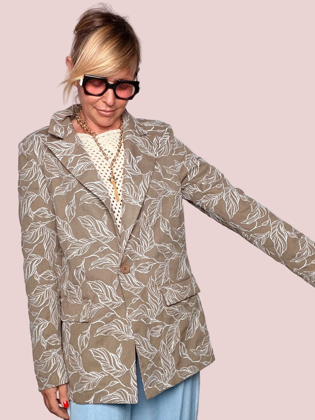 Blazer Oversize Stampa Foglie Tortora