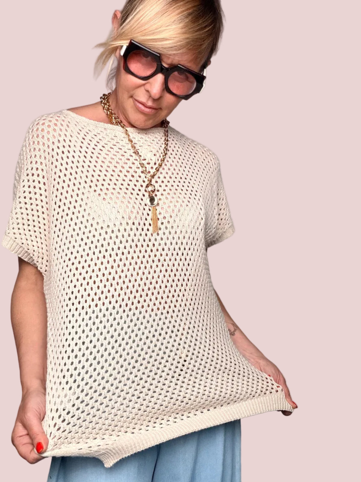 Top Maglia Traforata Oversize Avorio