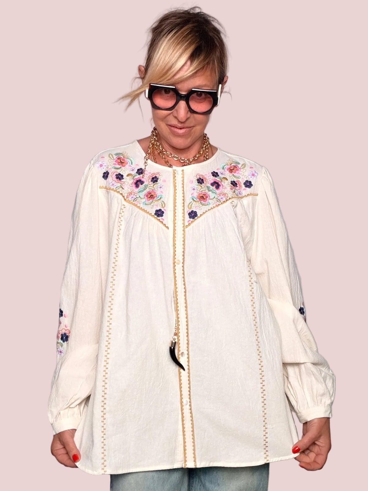 Camicia Ricami Floreali Boho