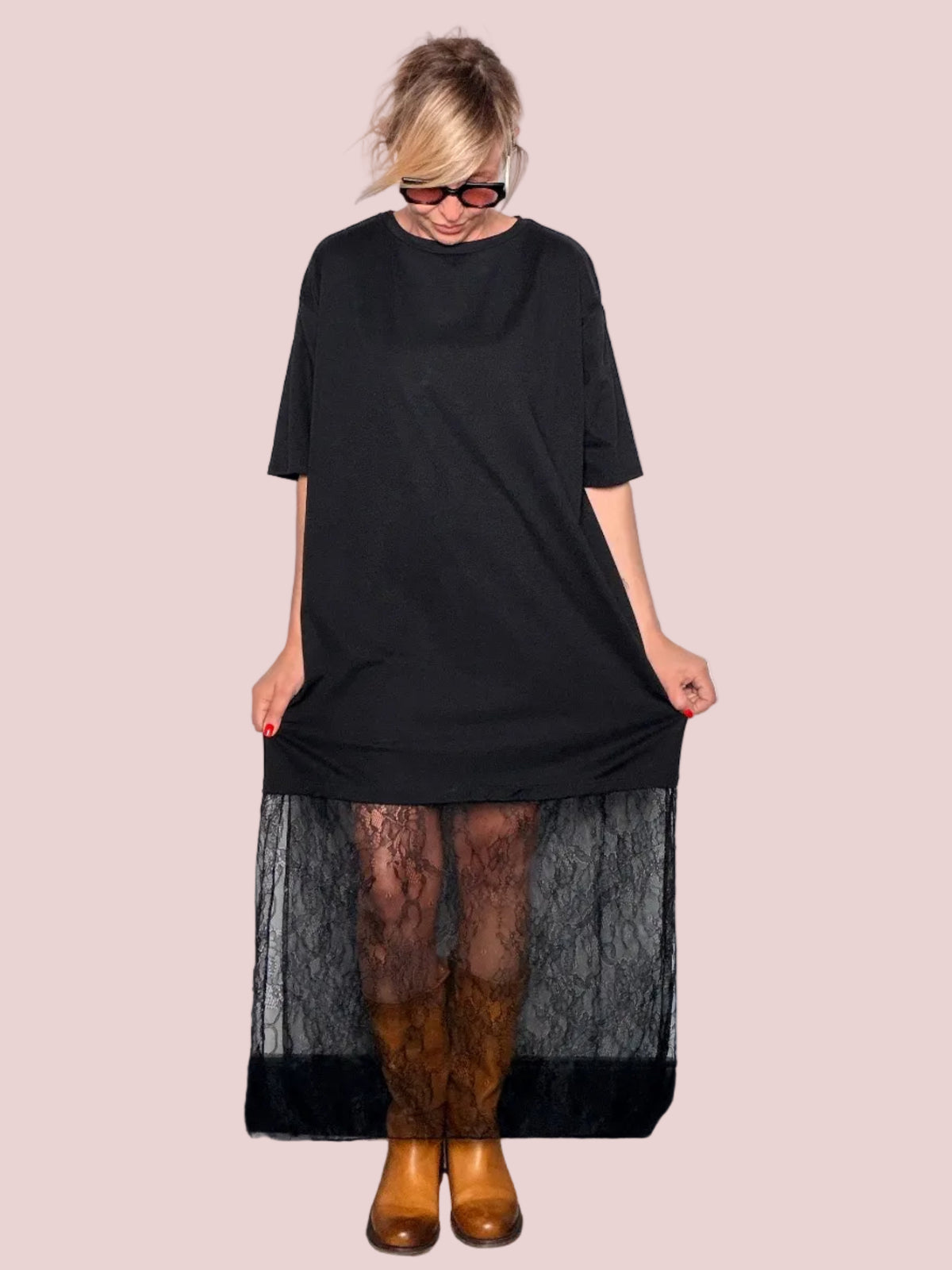 Maxi t-shirt con orlo in pizzo