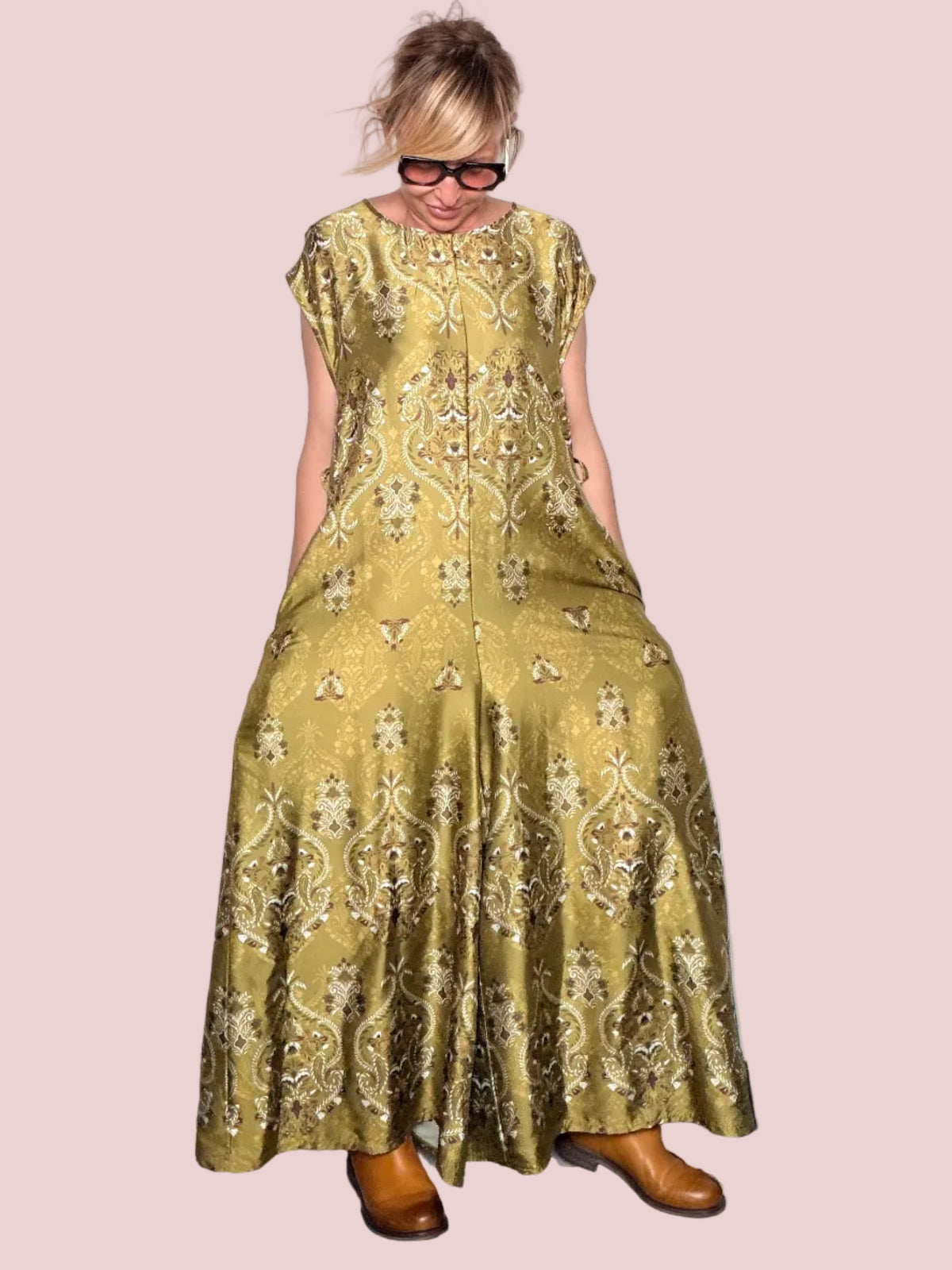 Tuta palazzo stampa broccato damascato – oro verde oliva