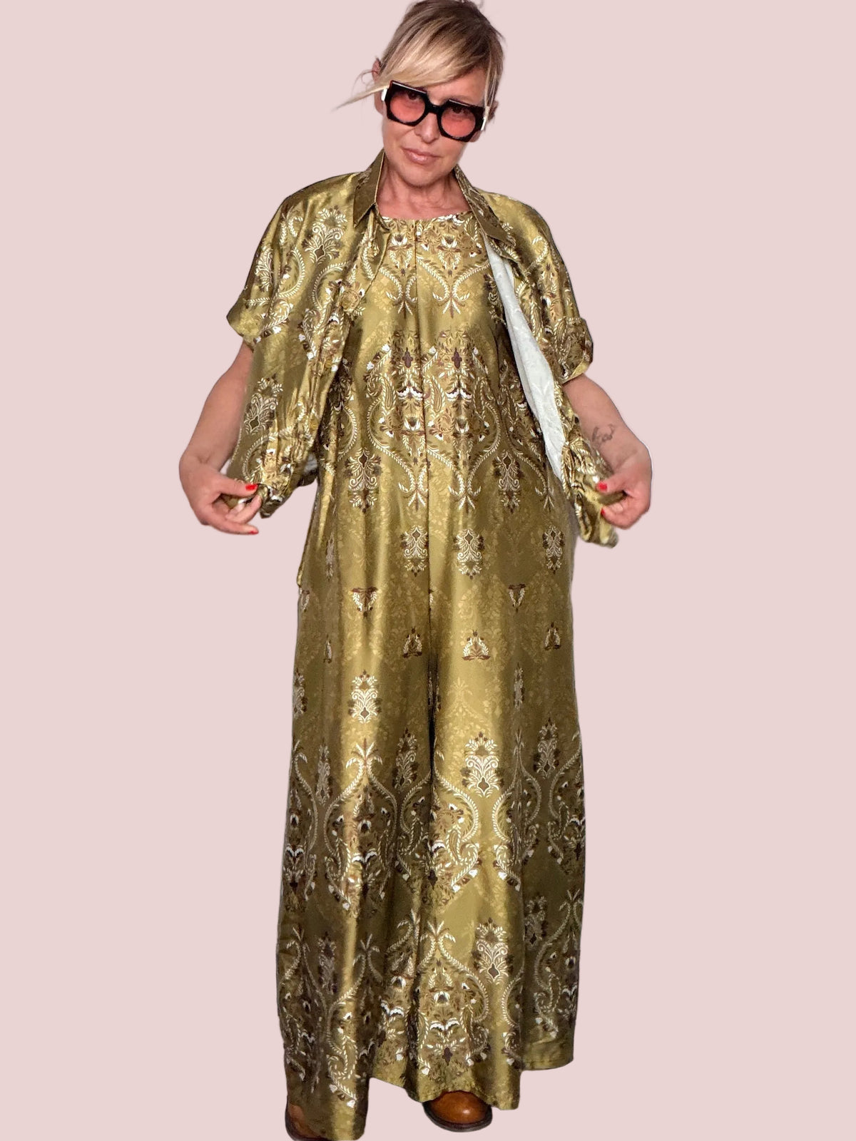 Camicia stampa broccato damascato – oro verde oliva