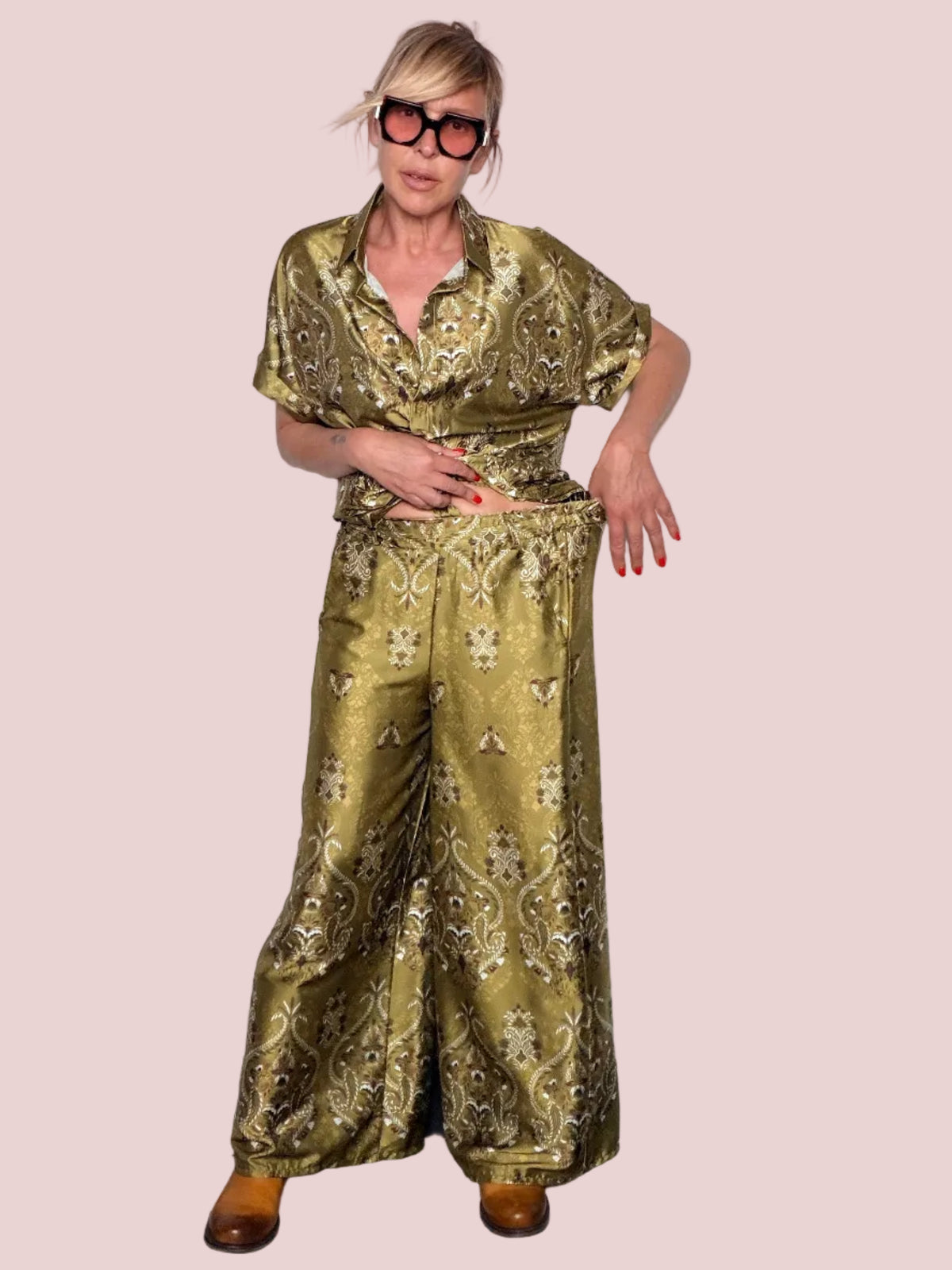 Pantalone palazzo stampa broccato damascato – oro verde oliva