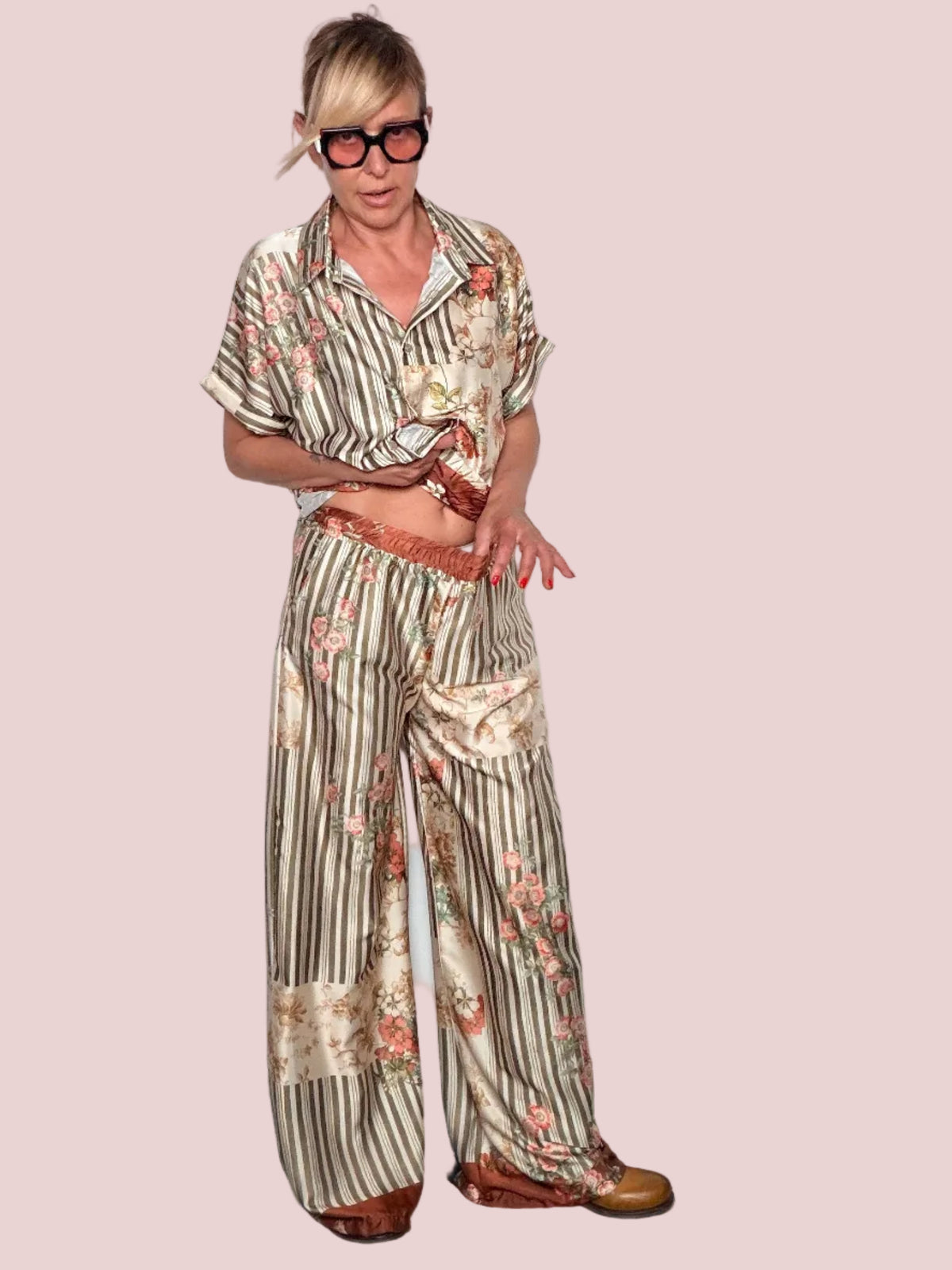 Pantalone palazzo patchwork satin righe floreali