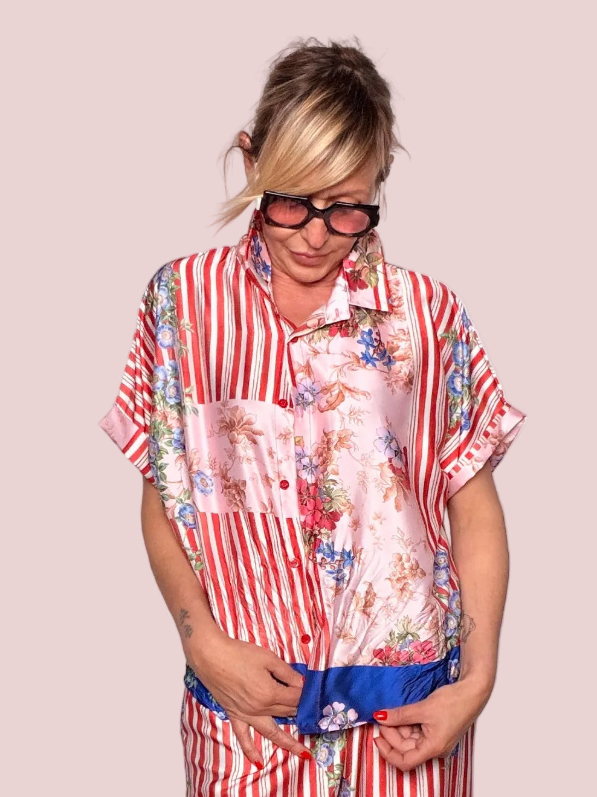 Camicia patchwork satin righe floreali