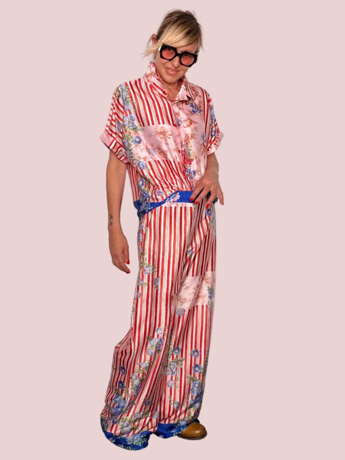 Pantalone palazzo patchwork satin righe floreali