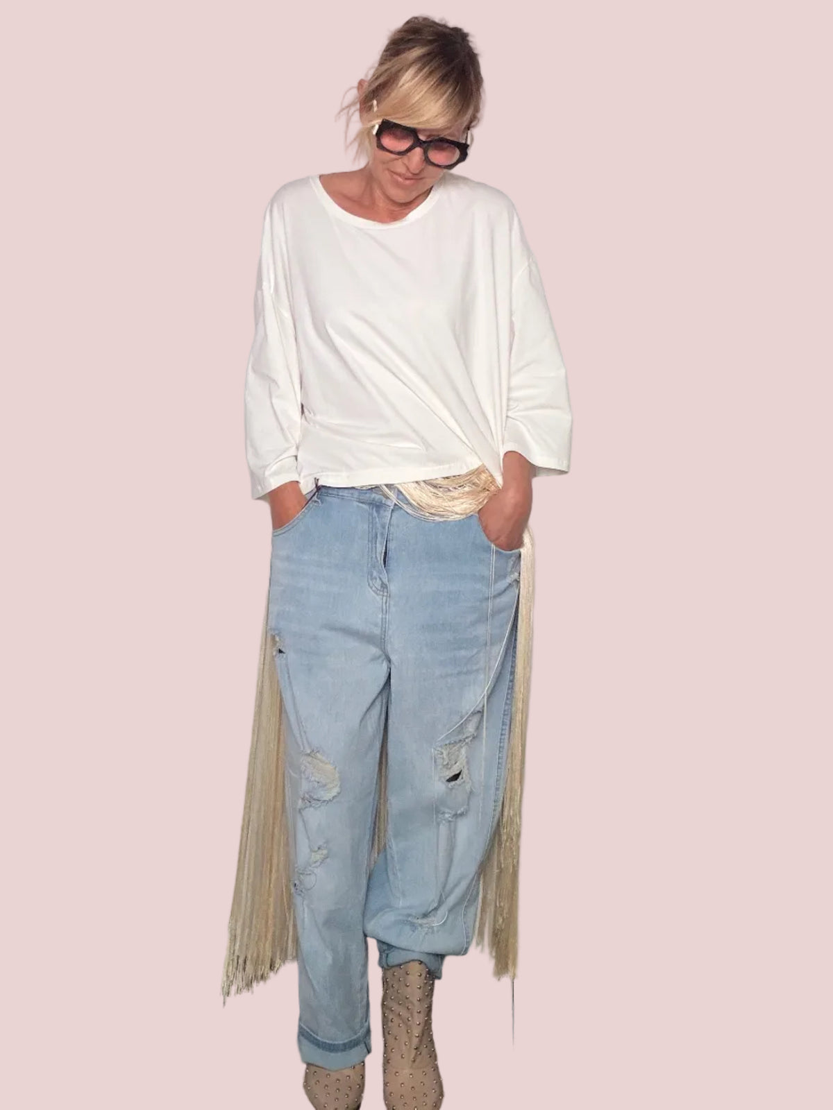 Jeans Boyfriend con Strappi e Risvolto – Azzurro Chiaro