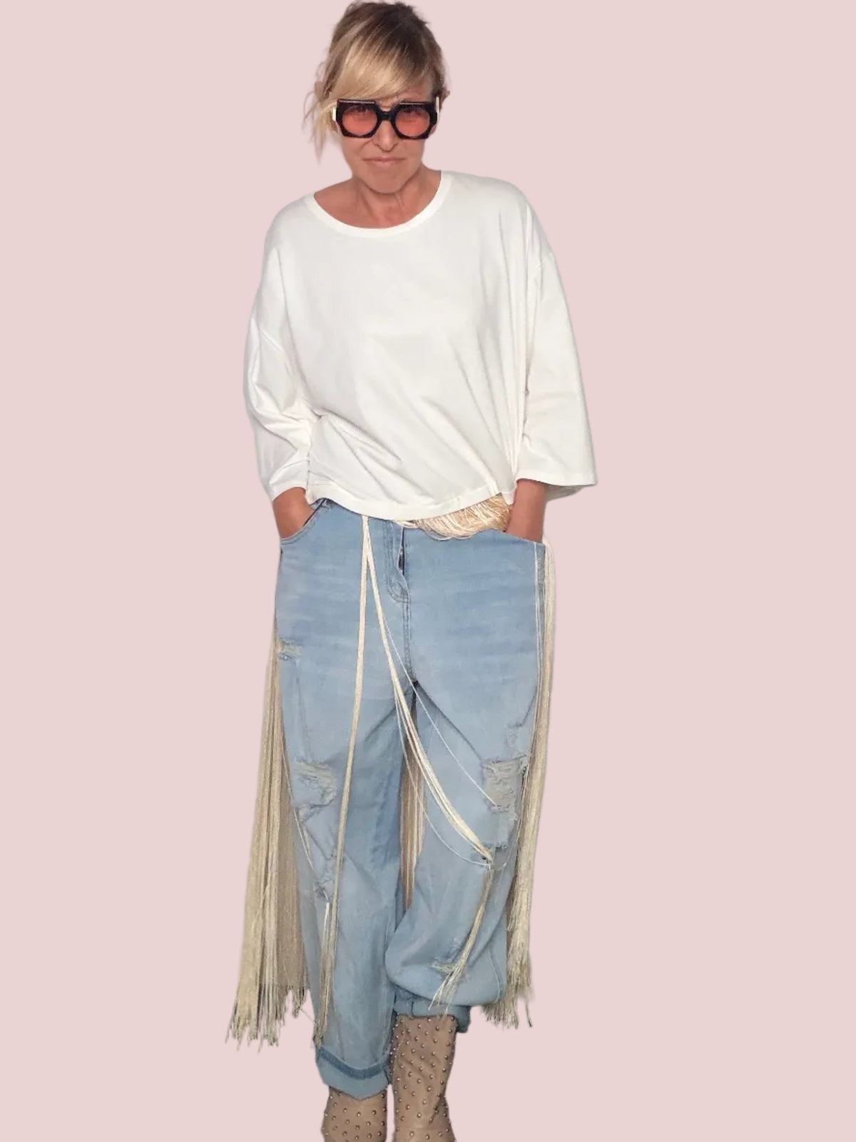 Jeans Boyfriend con Strappi e Risvolto – Azzurro Chiaro