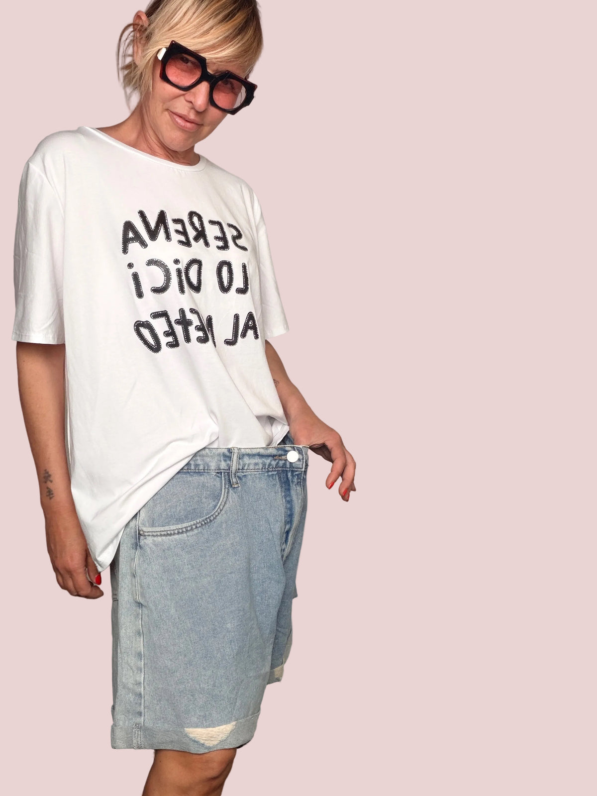 Bermuda Jeans Denim Chiaro Over con Strappi