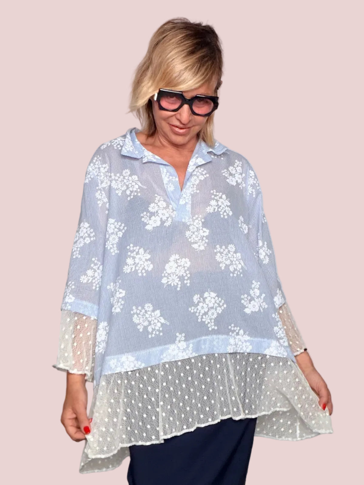 Camicia Floreale con Inserti in Tulle Pois – Azzurro/Avorio