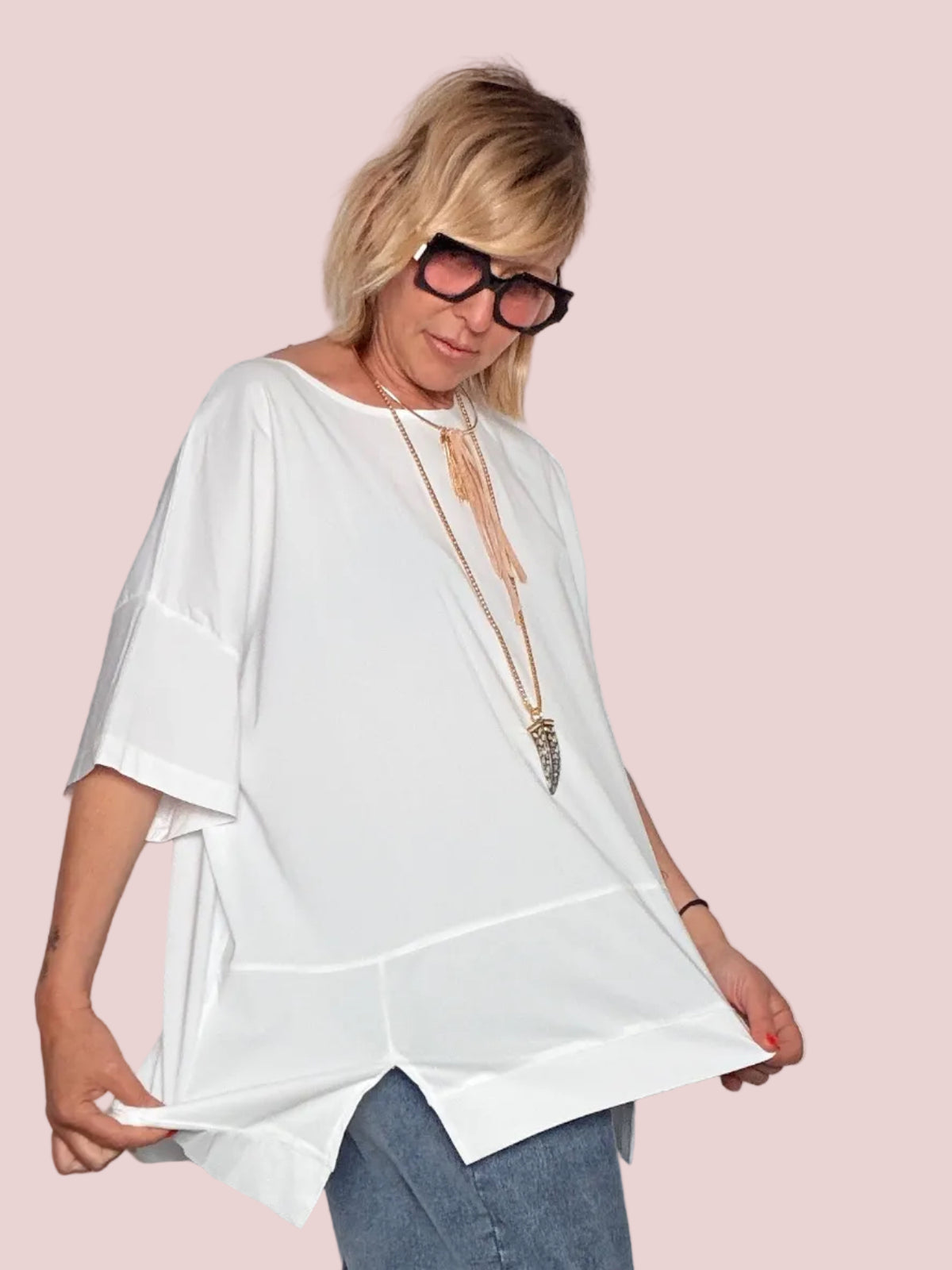 Camicia Tunica Oversize con Pannello Trasparente – Bianco