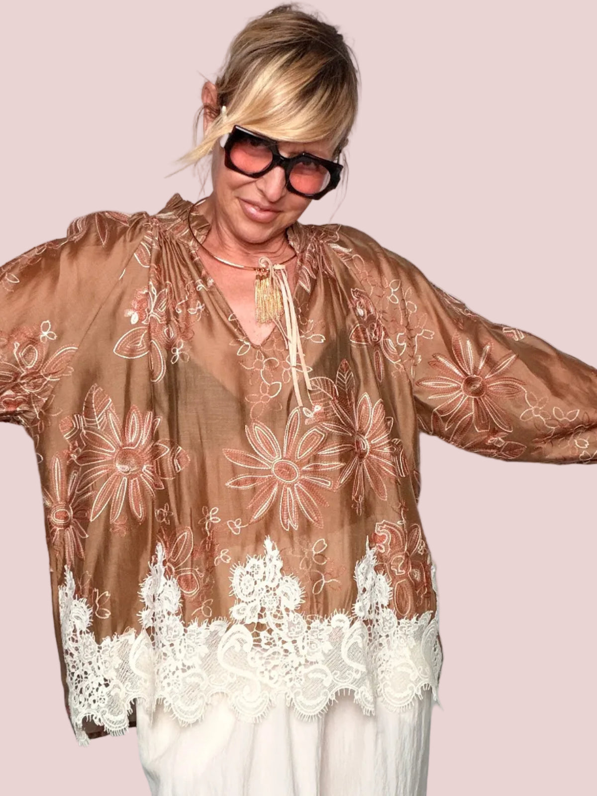 Blusa Organza Floreale – Bronzo / Pizzo Panna