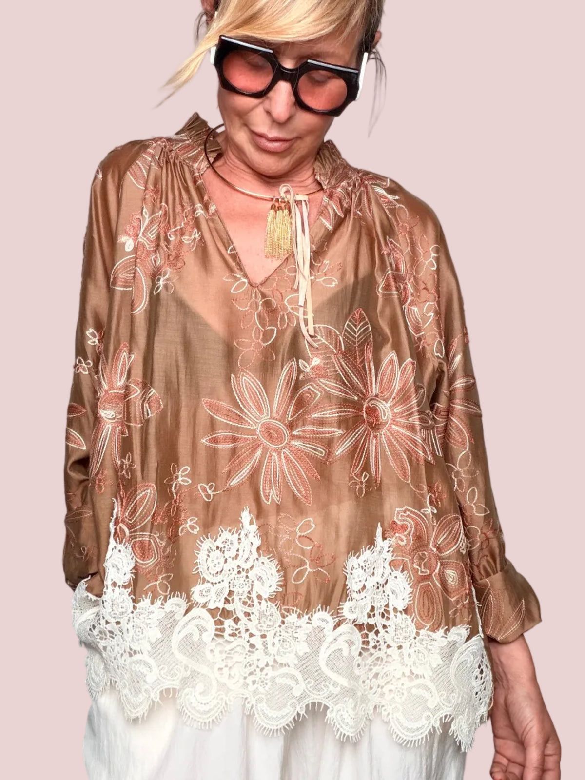 Blusa Organza Floreale – Bronzo / Pizzo Panna