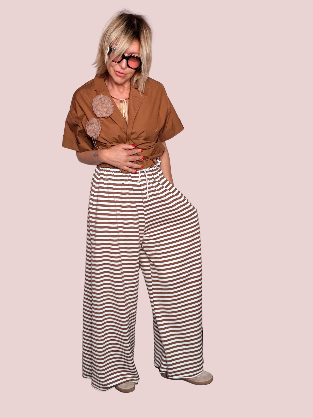 Pantalone Wide Leg a Righe — Vita Elastica con Coulisse