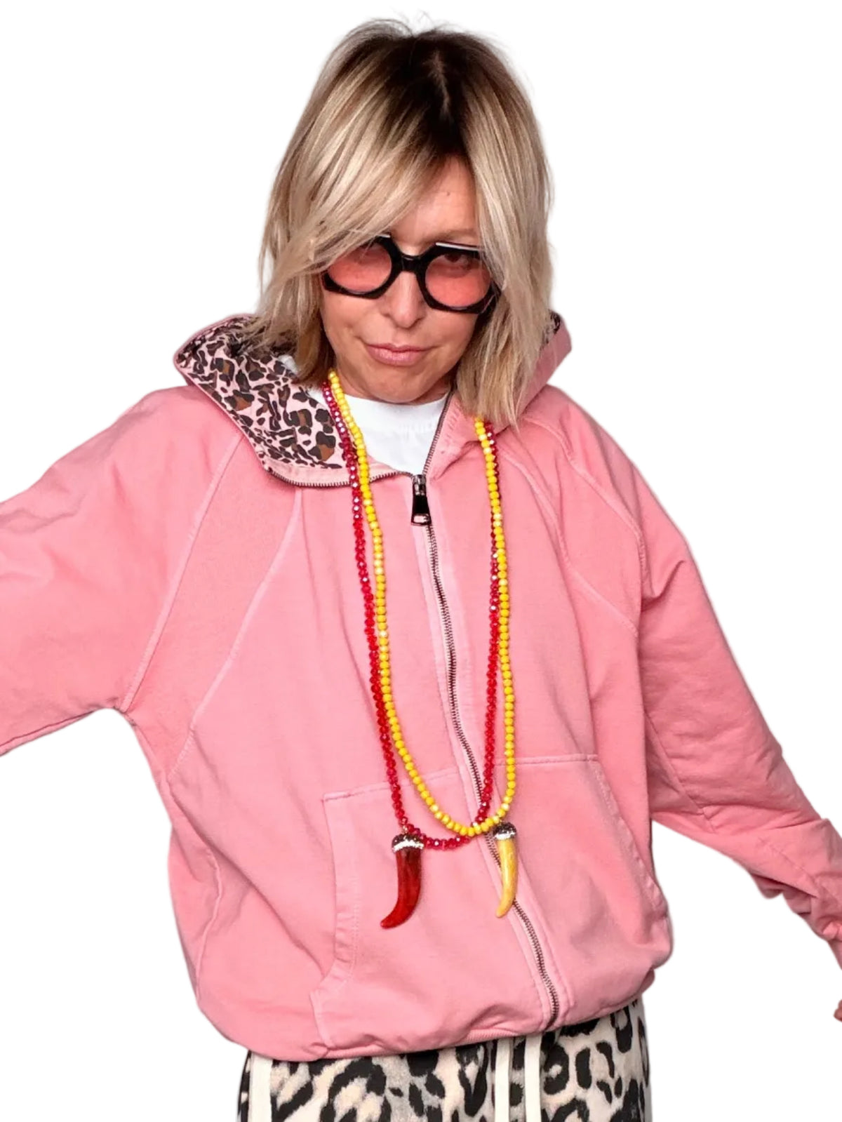 Felpa Leggera con Zip e Cappuccio Leopardato — Oversize