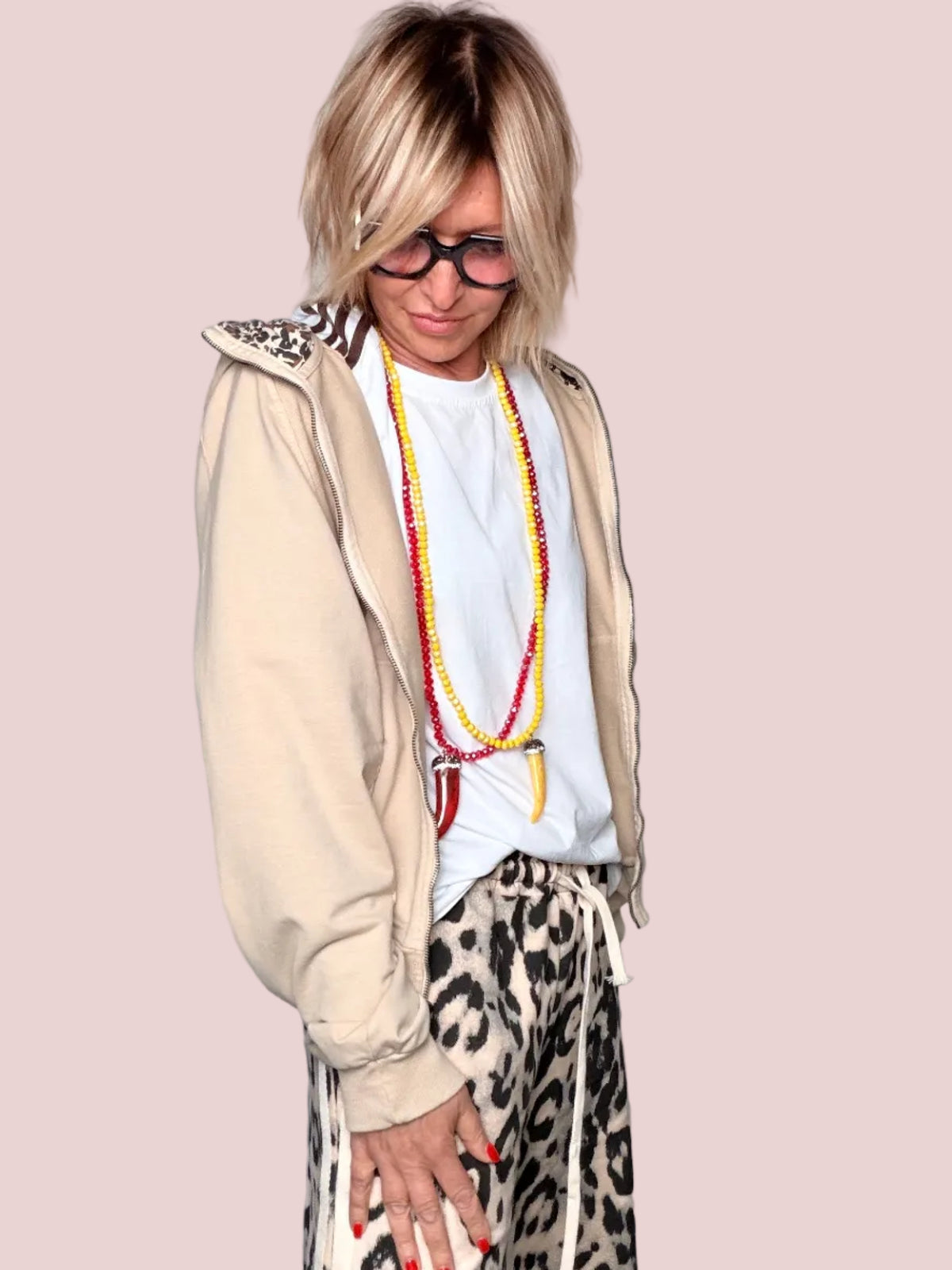 Felpa Leggera con Zip e Cappuccio Leopardato — Oversize
