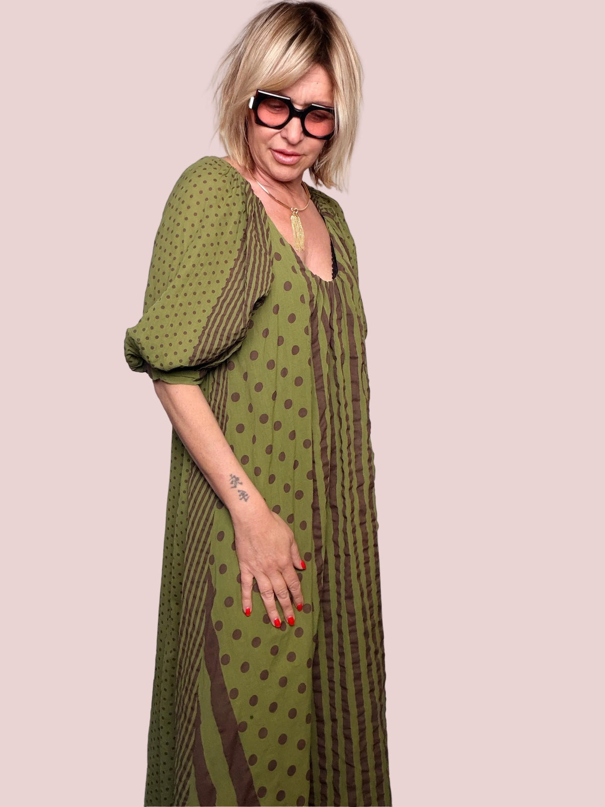Abito Maxi Pois e Righe Maniche Palloncino