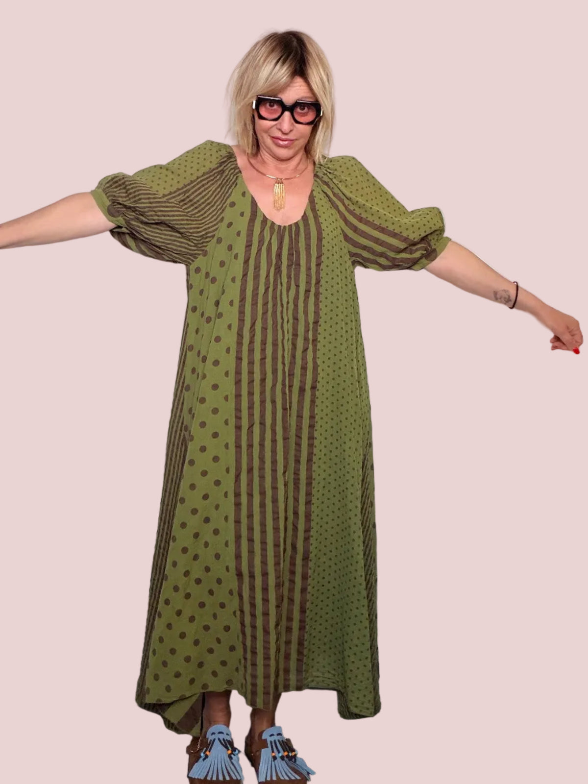 Abito Maxi Pois e Righe Maniche Palloncino