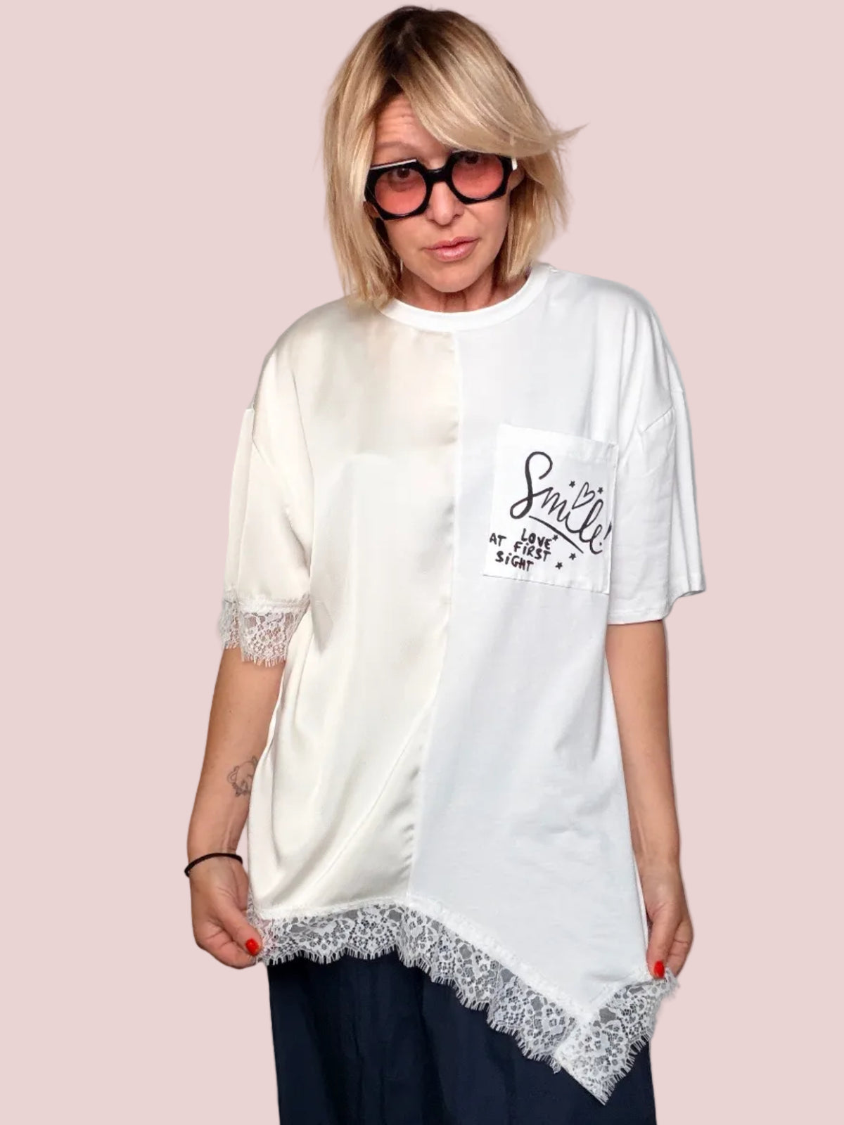 T-Shirt Bi-Tessuto Raso e Pizzo Smile