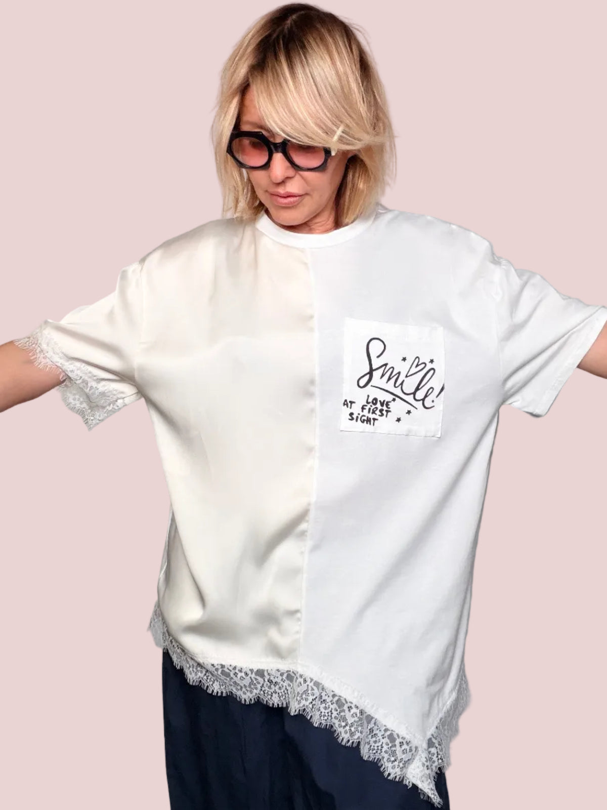 T-Shirt Bi-Tessuto Raso e Pizzo Smile