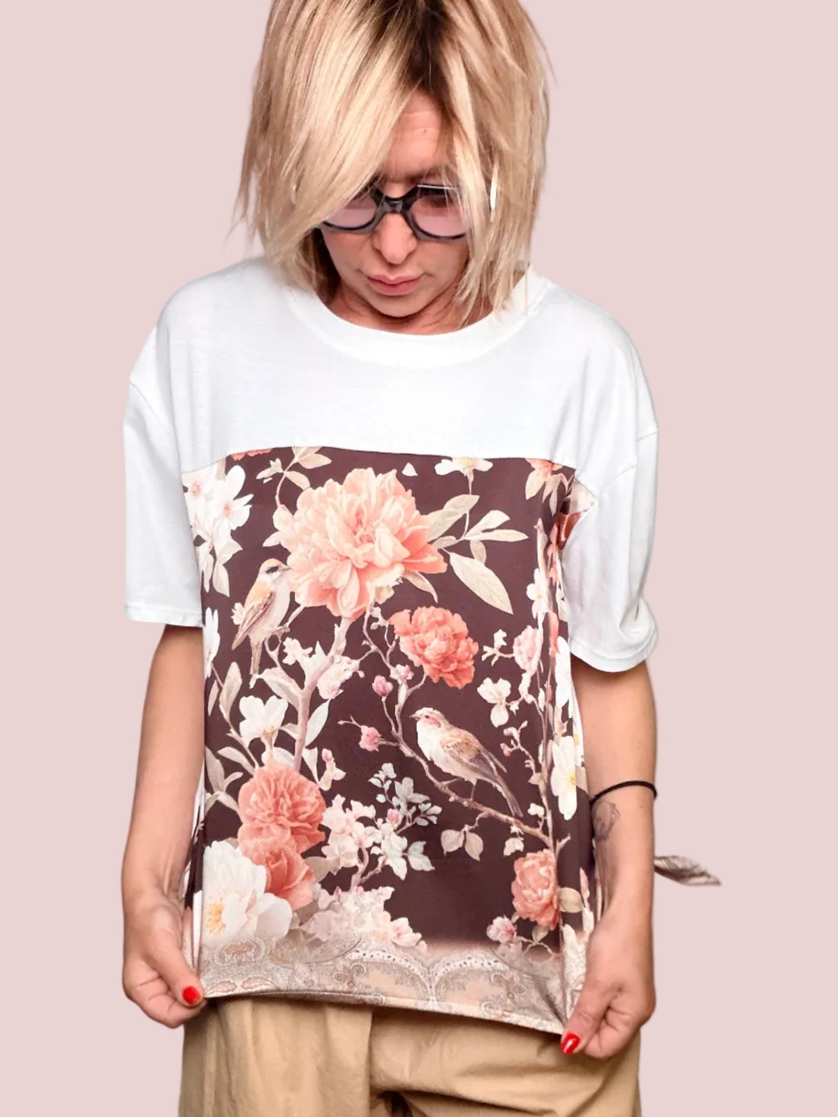 T-Shirt Cotone e Raso Stampa Foulard