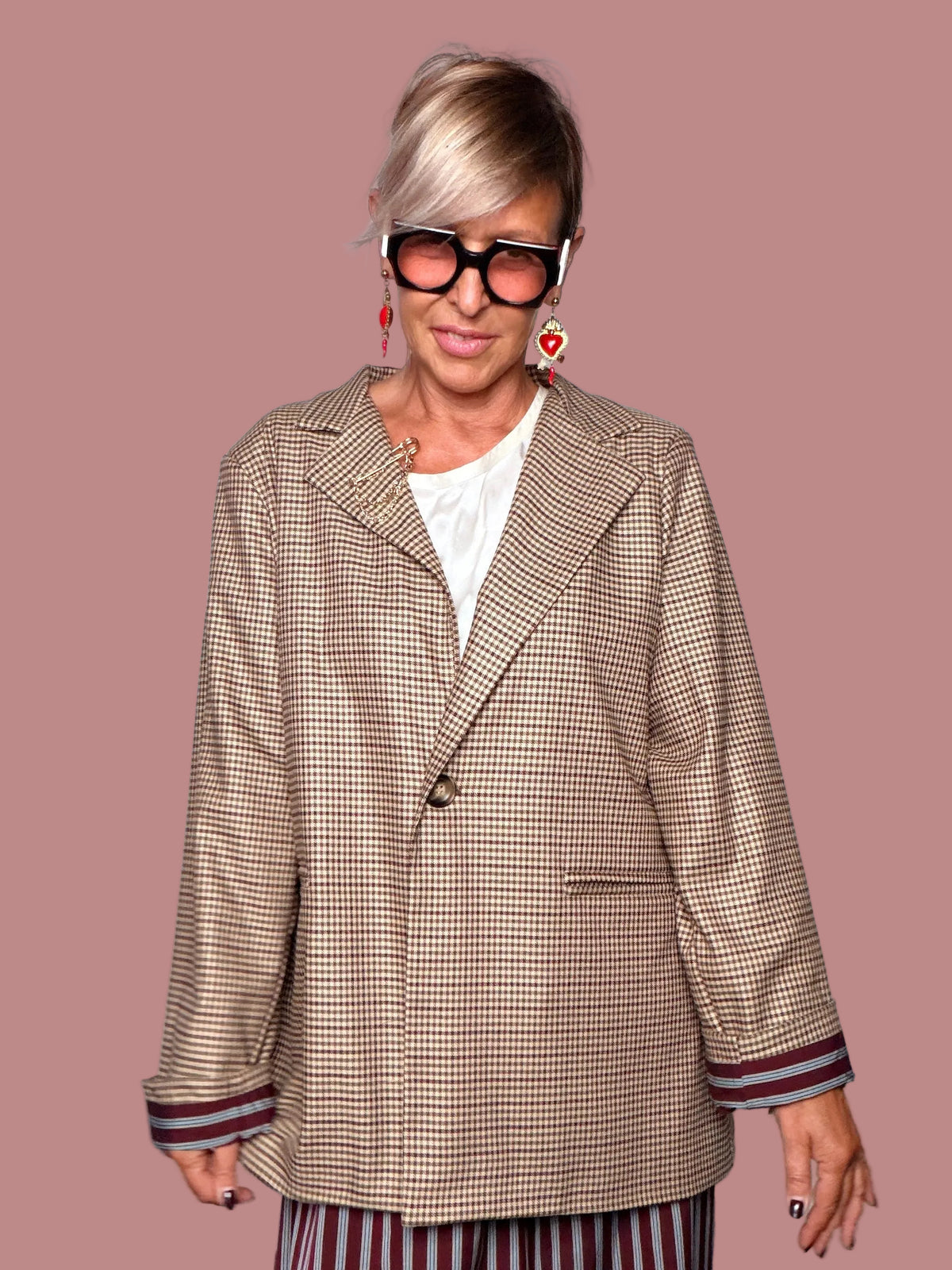 Blazer Oversize Pied-de-Poule Risvolto Rigato a Contrasto