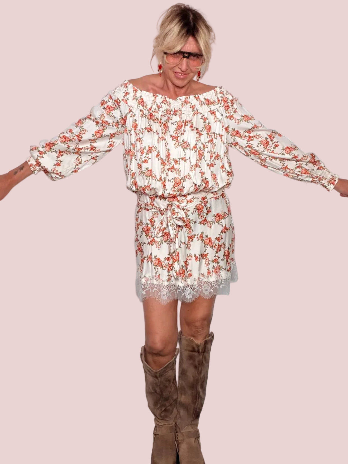 Abito Mini Dress Floreale Off-Shoulder in Viscosa