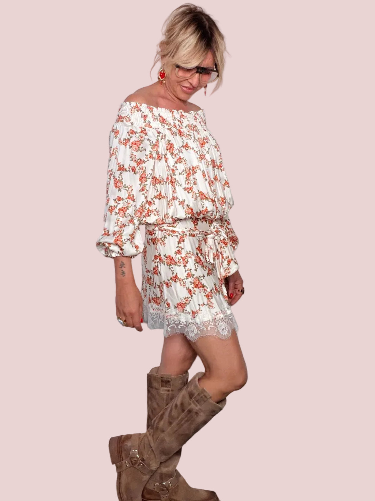 Abito Mini Dress Floreale Off-Shoulder in Viscosa