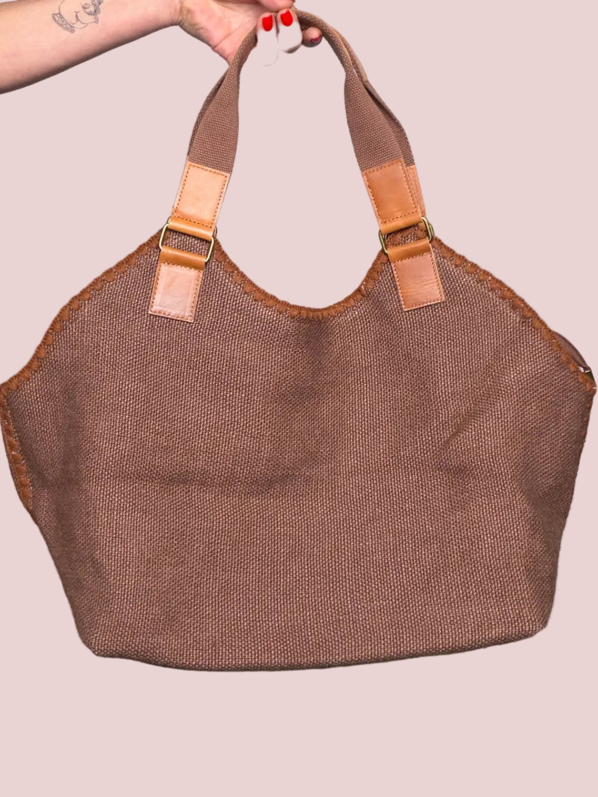 Borsa Hobo in Lino Intrecciato con Dettagli in Cuoio
