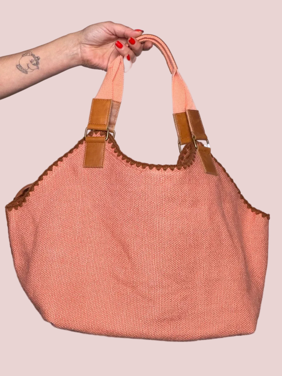 Borsa Hobo in Lino Intrecciato con Dettagli in Cuoio