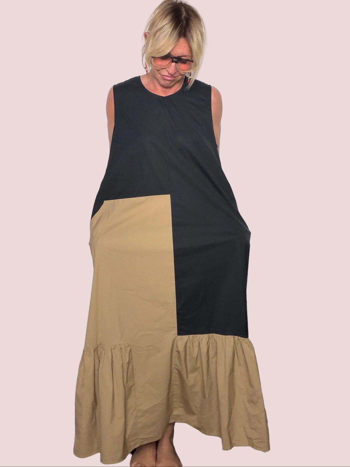 Abito Maxi Bicolore 100% Cotone Nero e Beige