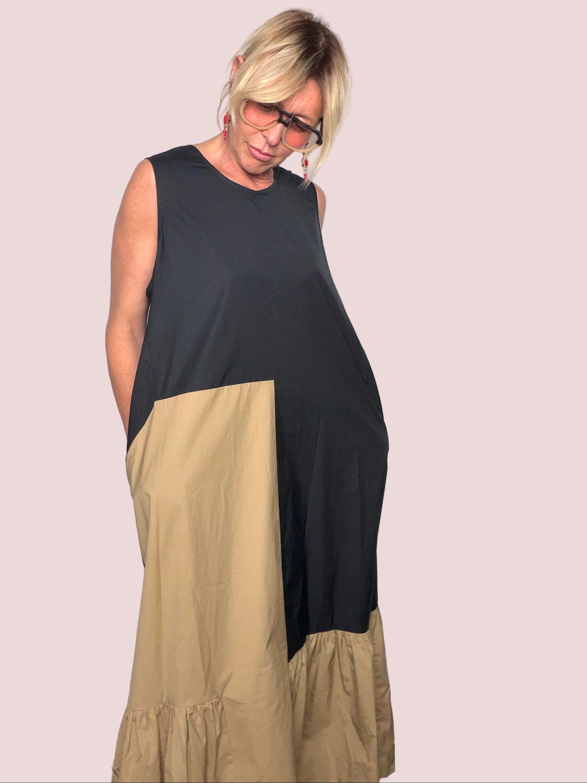 Abito Maxi Bicolore 100% Cotone Nero e Beige