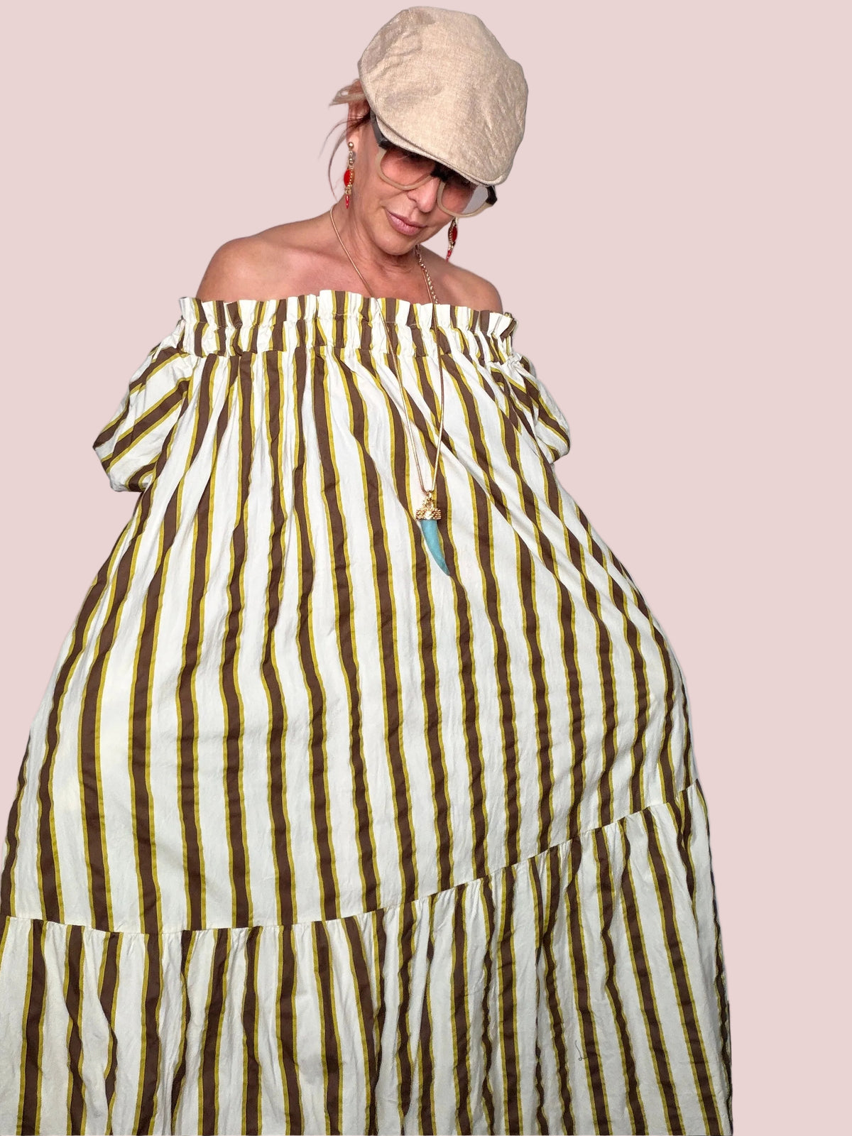 Abito Maxi Off-Shoulder a Righe in Cotone
