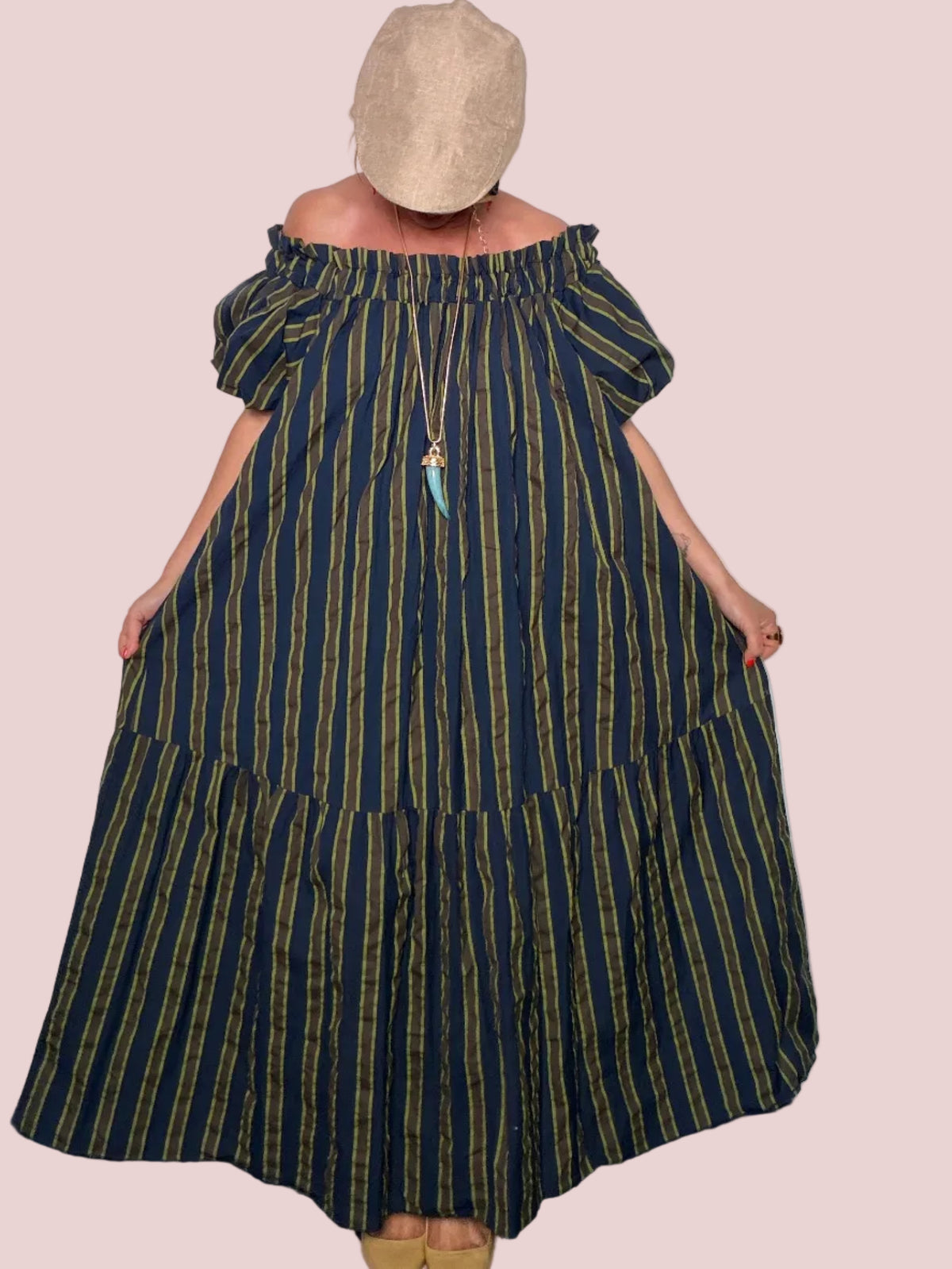 Abito Maxi Off-Shoulder a Righe in Cotone